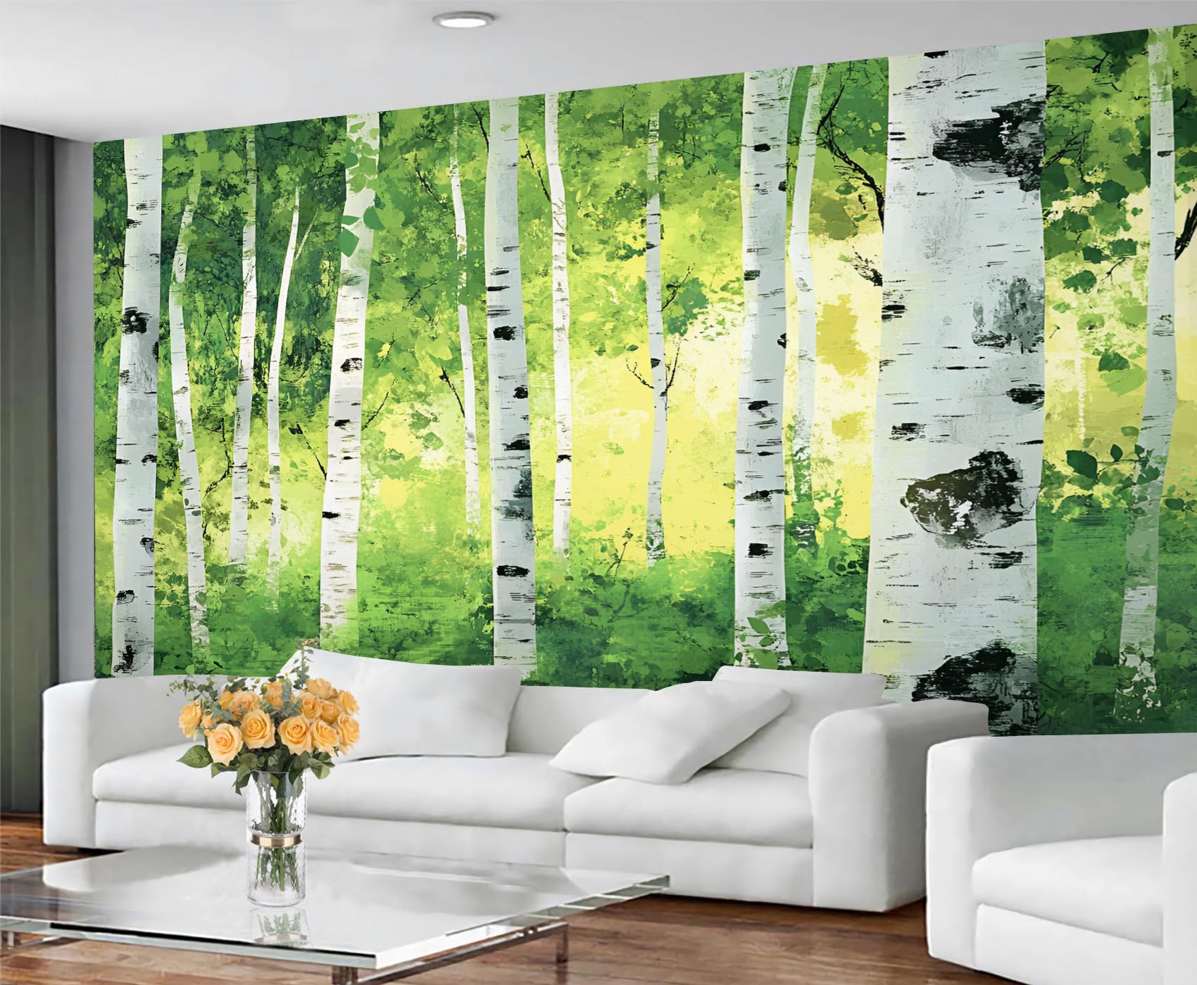 Papier peint bouleau vert pour masquer imperfections grand mur salon non autocollant