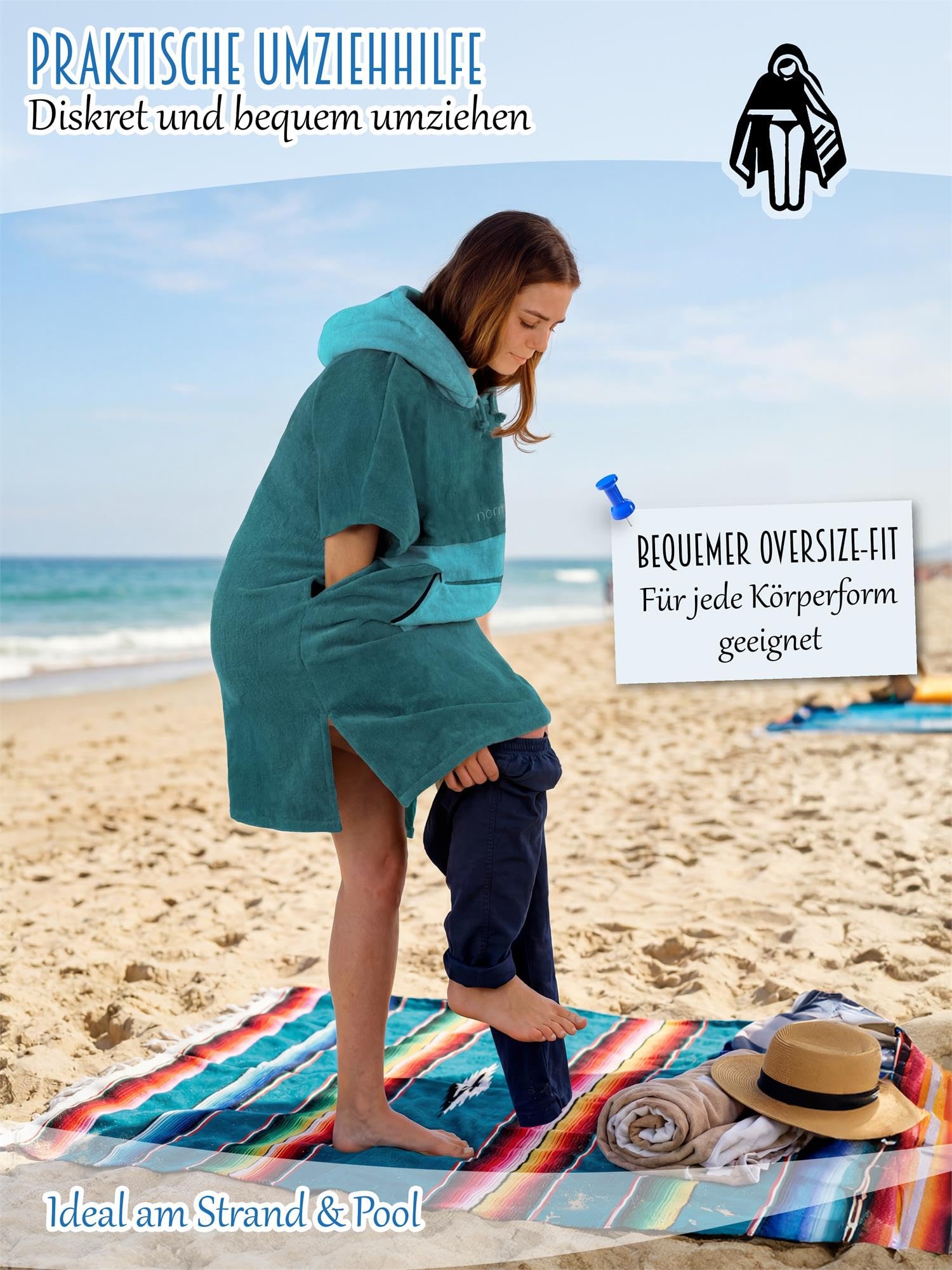 normani Baumwoll Surfer Poncho - Strandponcho - Handtuch-Poncho - Unisex Strand Umziehhilfe - geschlossener Bademantel für Damen und Herren Petrol/Türkis S-M