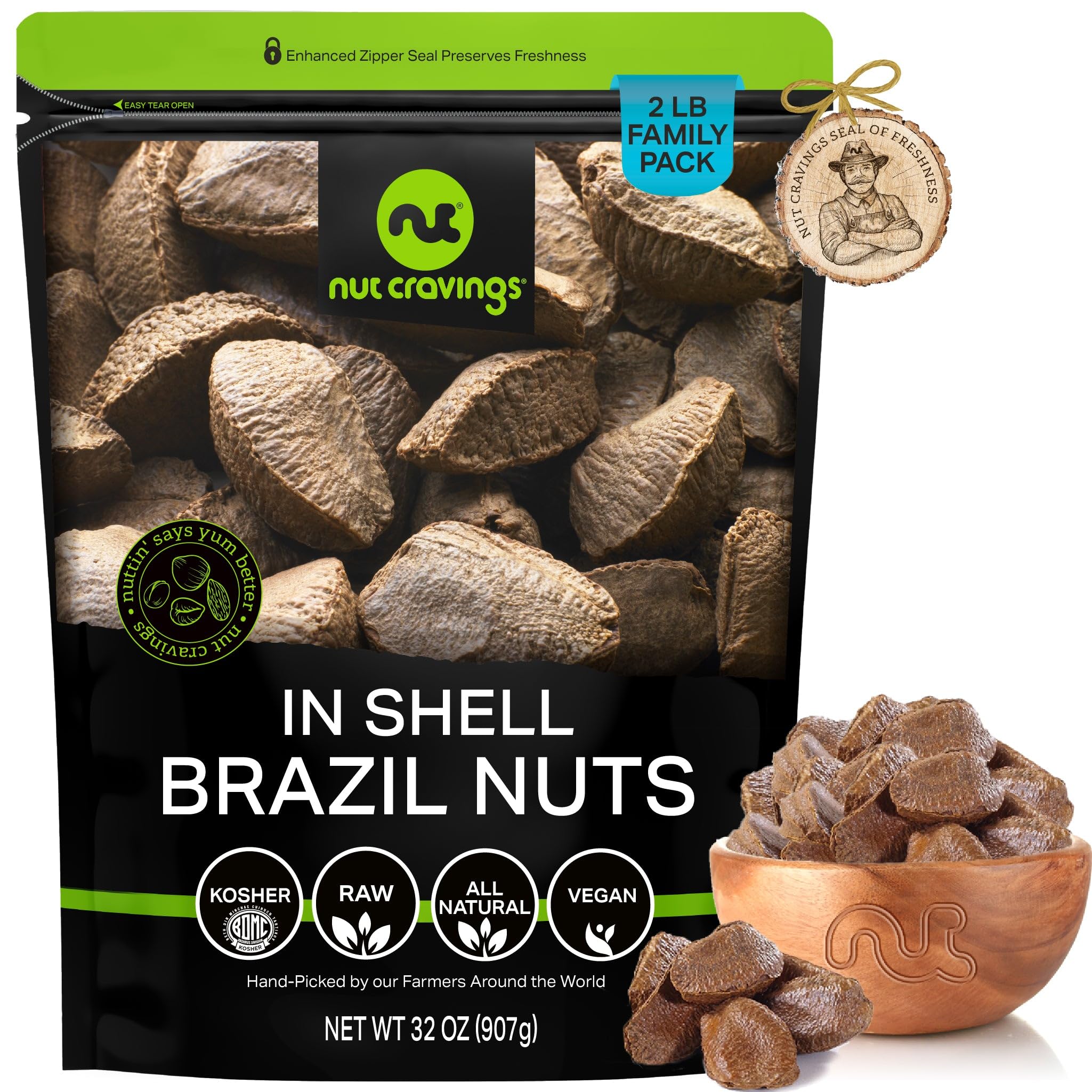 NUT CRAVINGS - Raw Brazil Nuts In Shell - Whole, (32oz - 2 LB) Bulk Nuts Packed Fresh in Resealable Bag - Healthy Protein Food Snack, Food Assortments