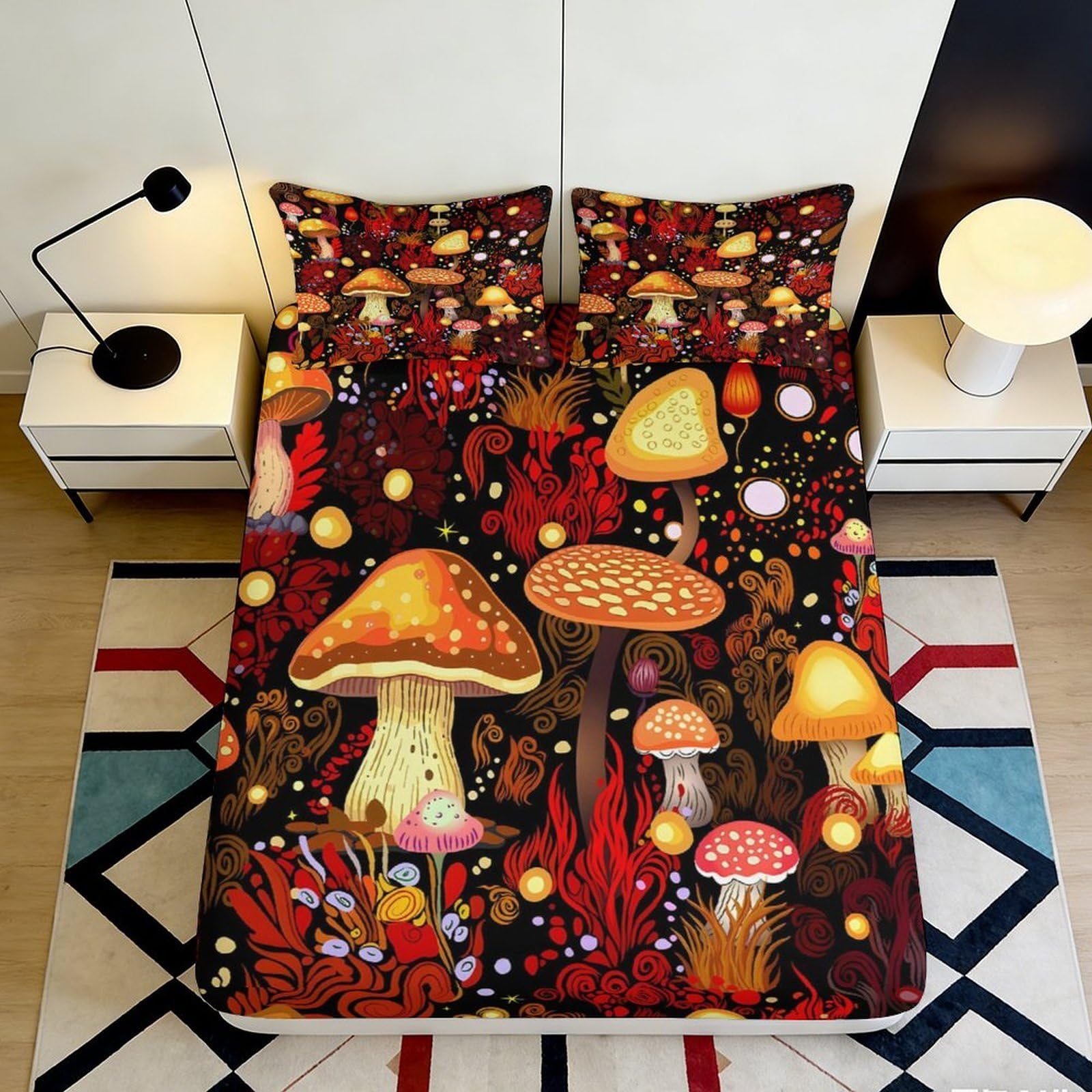 3D Printed Fantasy Mushroom Fitted Sheet Microfiber Vibrant Forest Bed Cover for Bedroom Dorm Decorative Protection 90x200x25cm