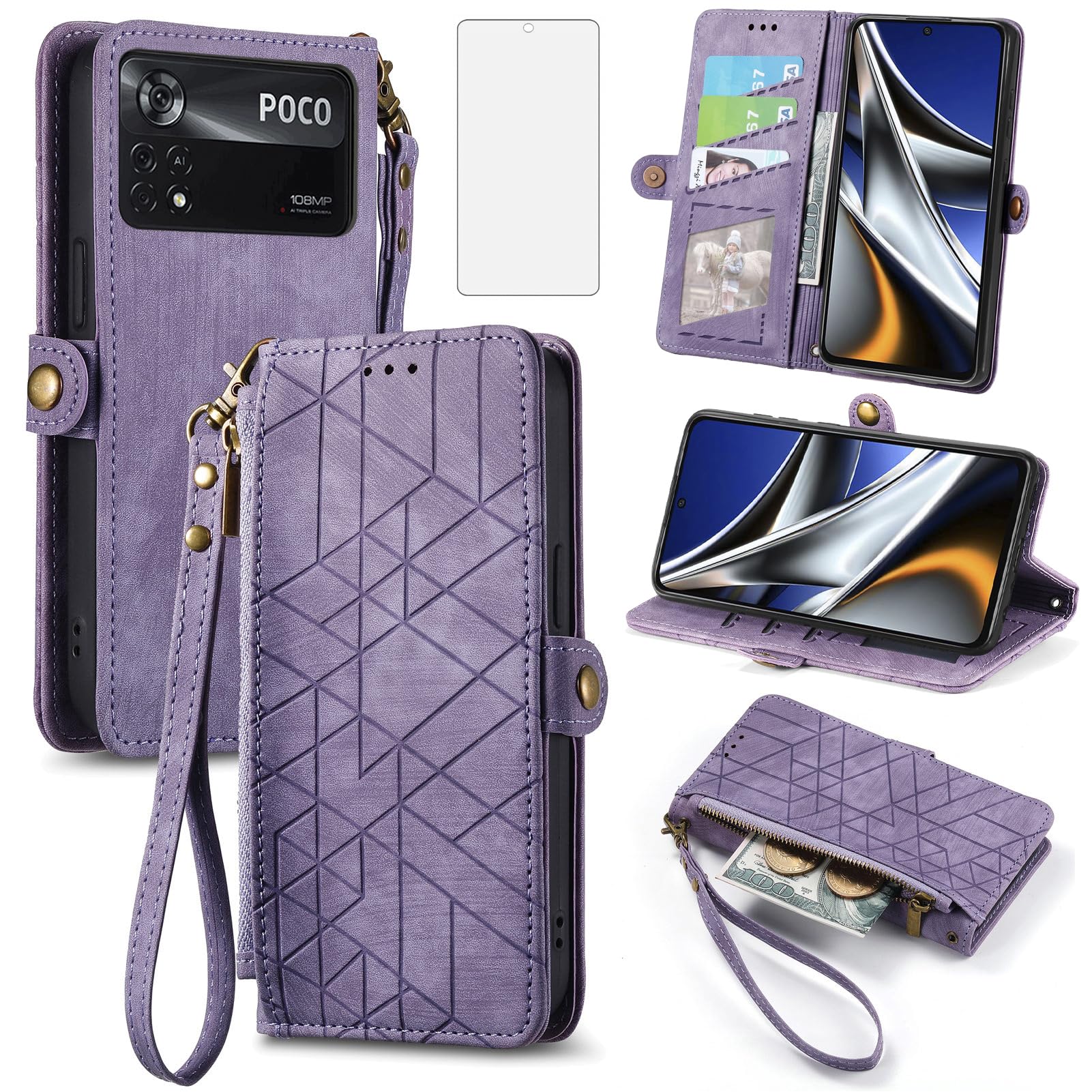 Asuwish Phone Case for Xiaomi Poco X4 Pro 5G Wallet Cover with Tempered Glass Screen Protector and Wrist Strap Leather Flip Zipper Credit Card Holder