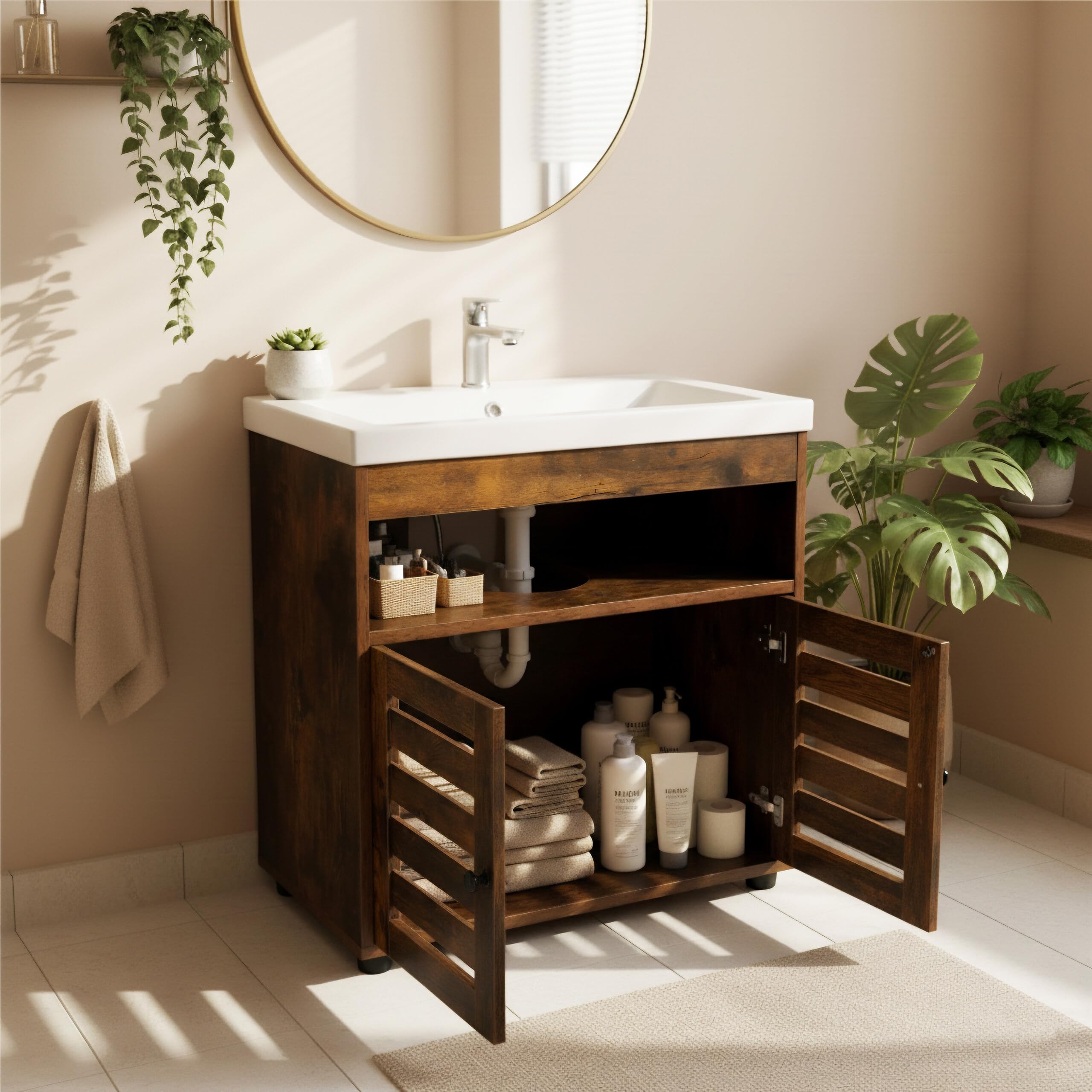 Relaxdays Mobile lavabo, H x L x P: 63 x 60 x 30 cm, 2 Scomparti, MDF, Bagno, Marrone, Mobiletti