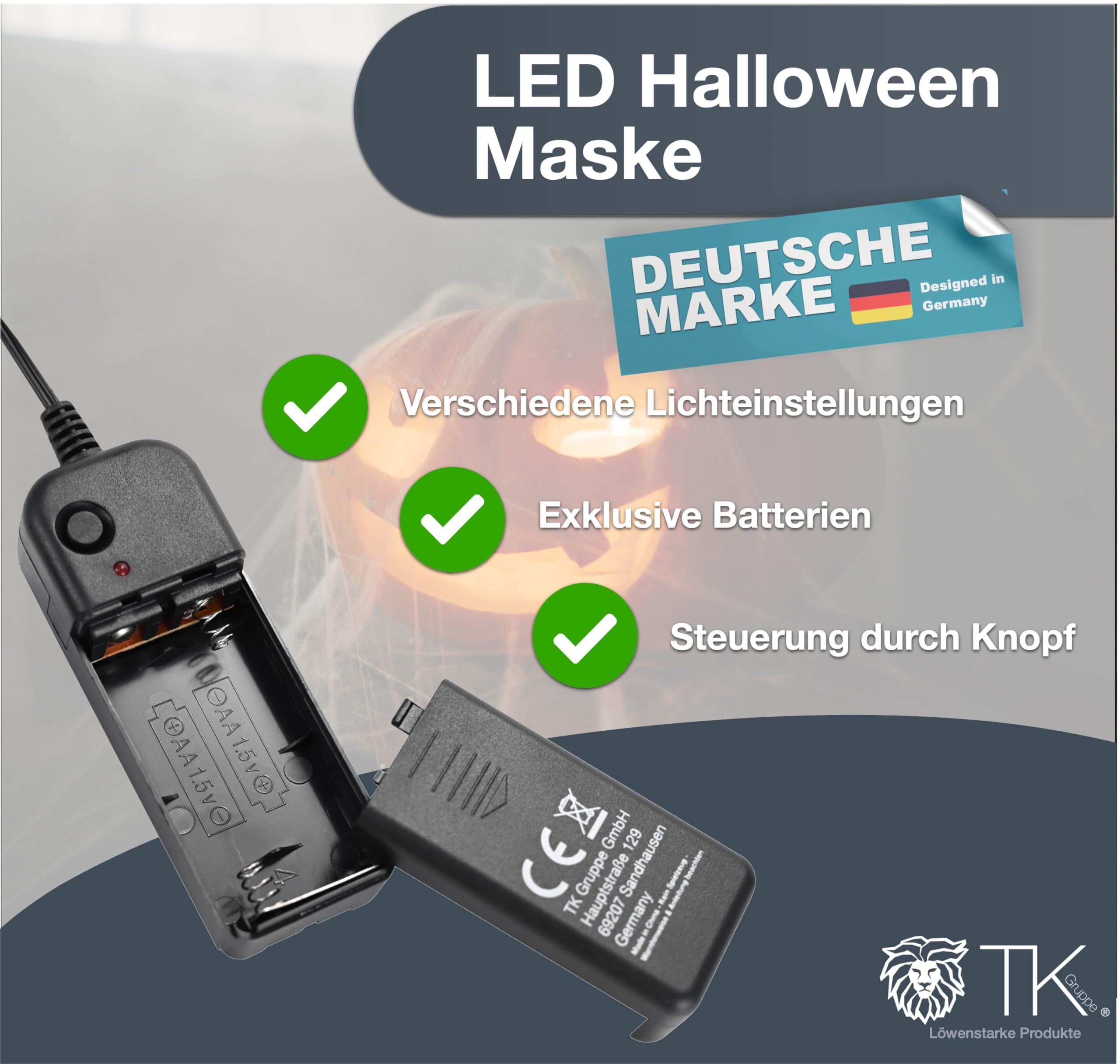 TK Gruppe Timo Klingler Maschera horror a LED - come da Purge incl. 3 effetti di luce, controllabili, per Halloween, Mardi Gras e Carnevale come costume per uomini e donne