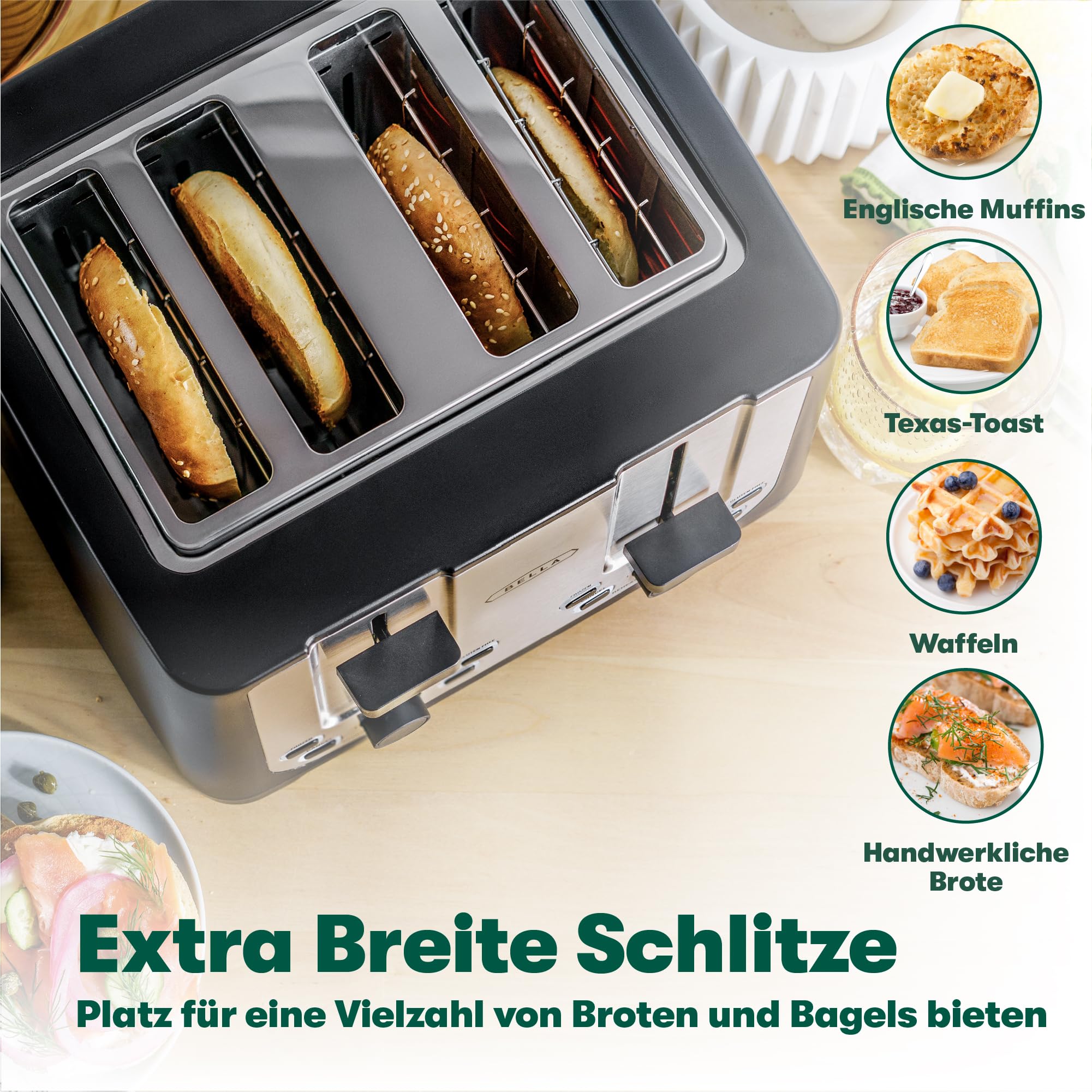 BELLA Tostapane a 4 Fette con Spegnimento Automatico, Fessure Extra Larghe e Vassoio Raccogli Briciole Rimovibile e Funzione Annulla, Scongela e Riscalda, Per Pane, Bagel e Waffle, Nero