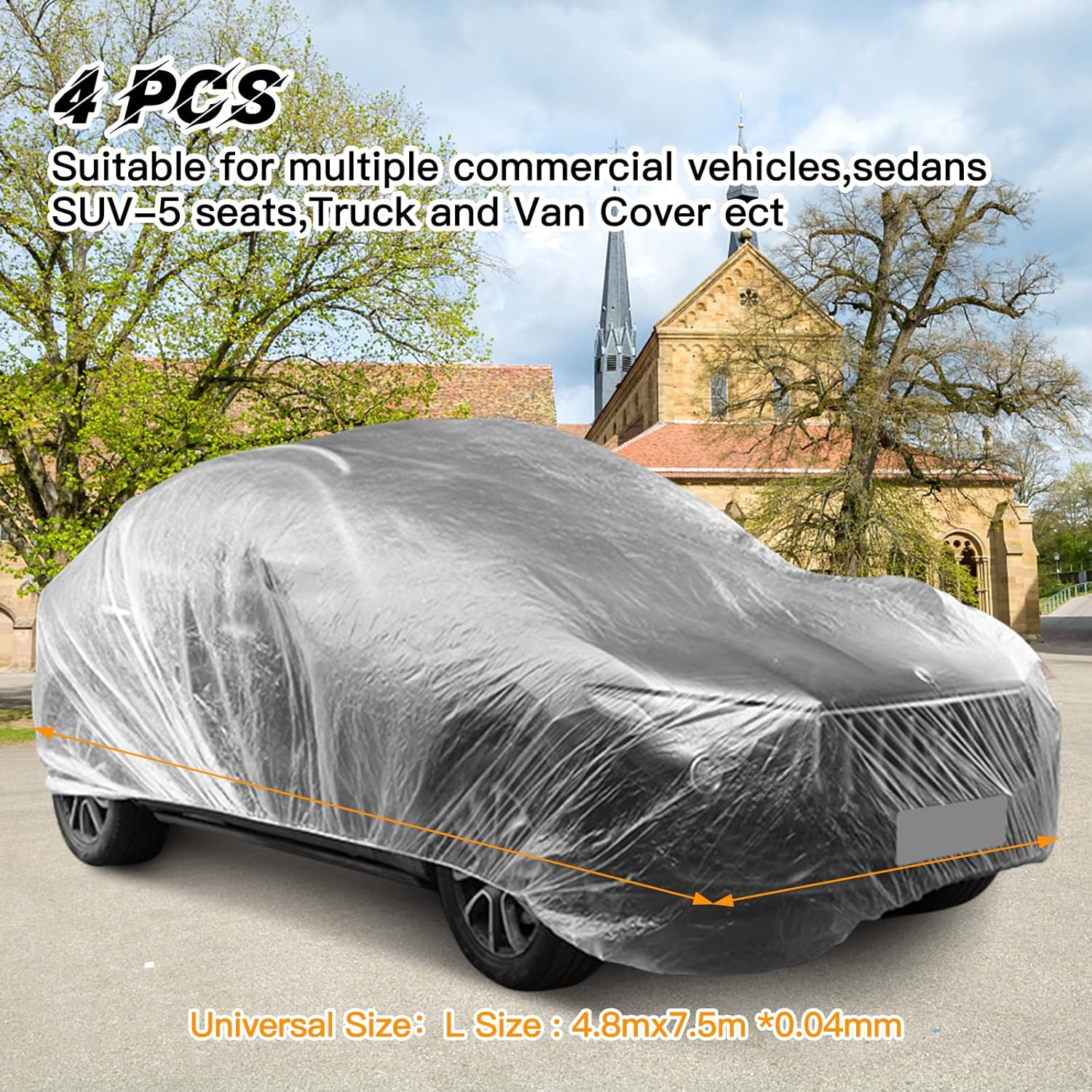 4Pack Disposable Plastic Car Covers, Clear Car Cover 15.7x24.6ft Extra Large Universal Full Car Cover Waterproof Dustproof Car Protective Cover with Elastic Band for Auto Vehicle SUV Van Truck