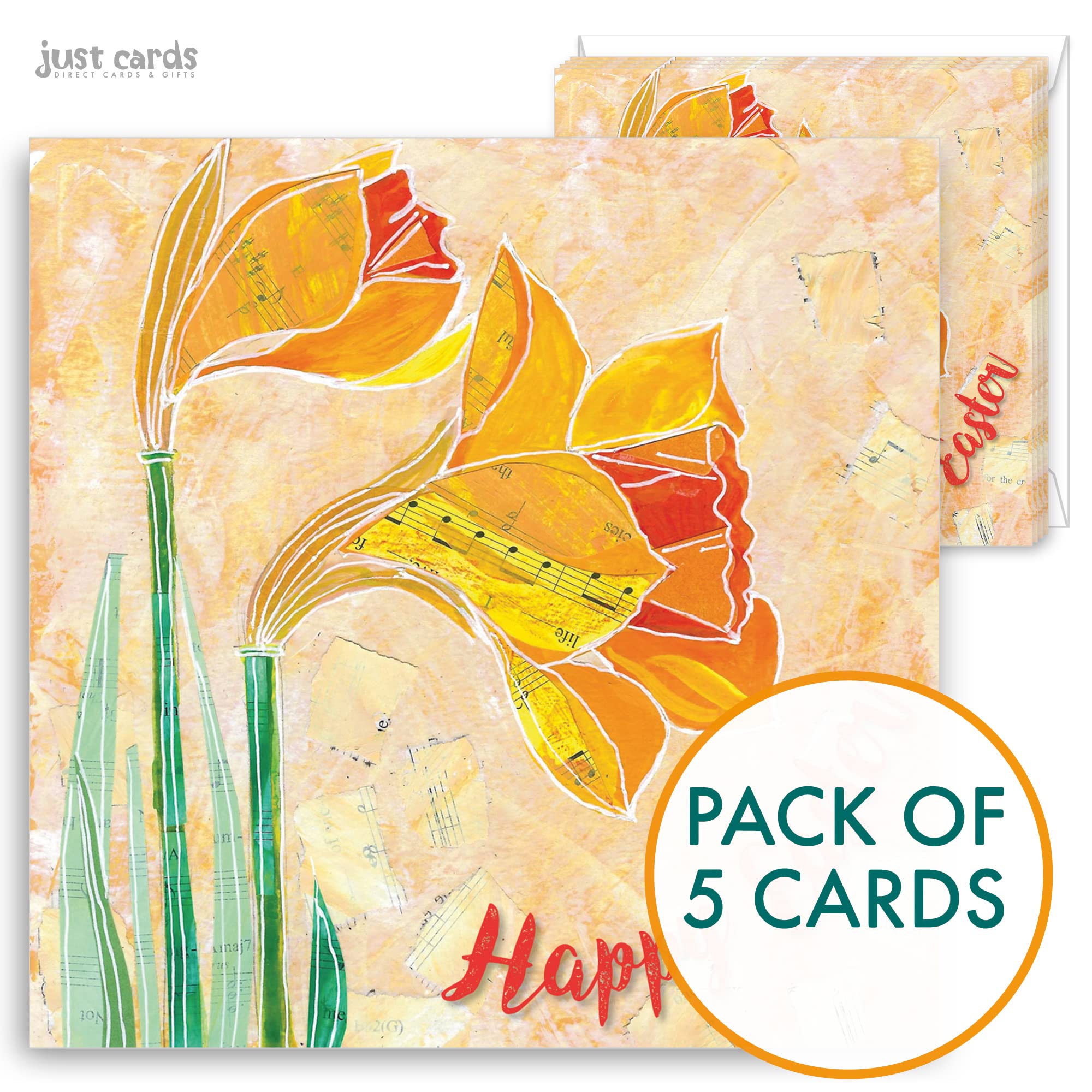 Easter Cards - Daffodils, pack of 5, with white envelopes and greeting inside. Easter cards for all the family by Just Cards Direct - Image 2