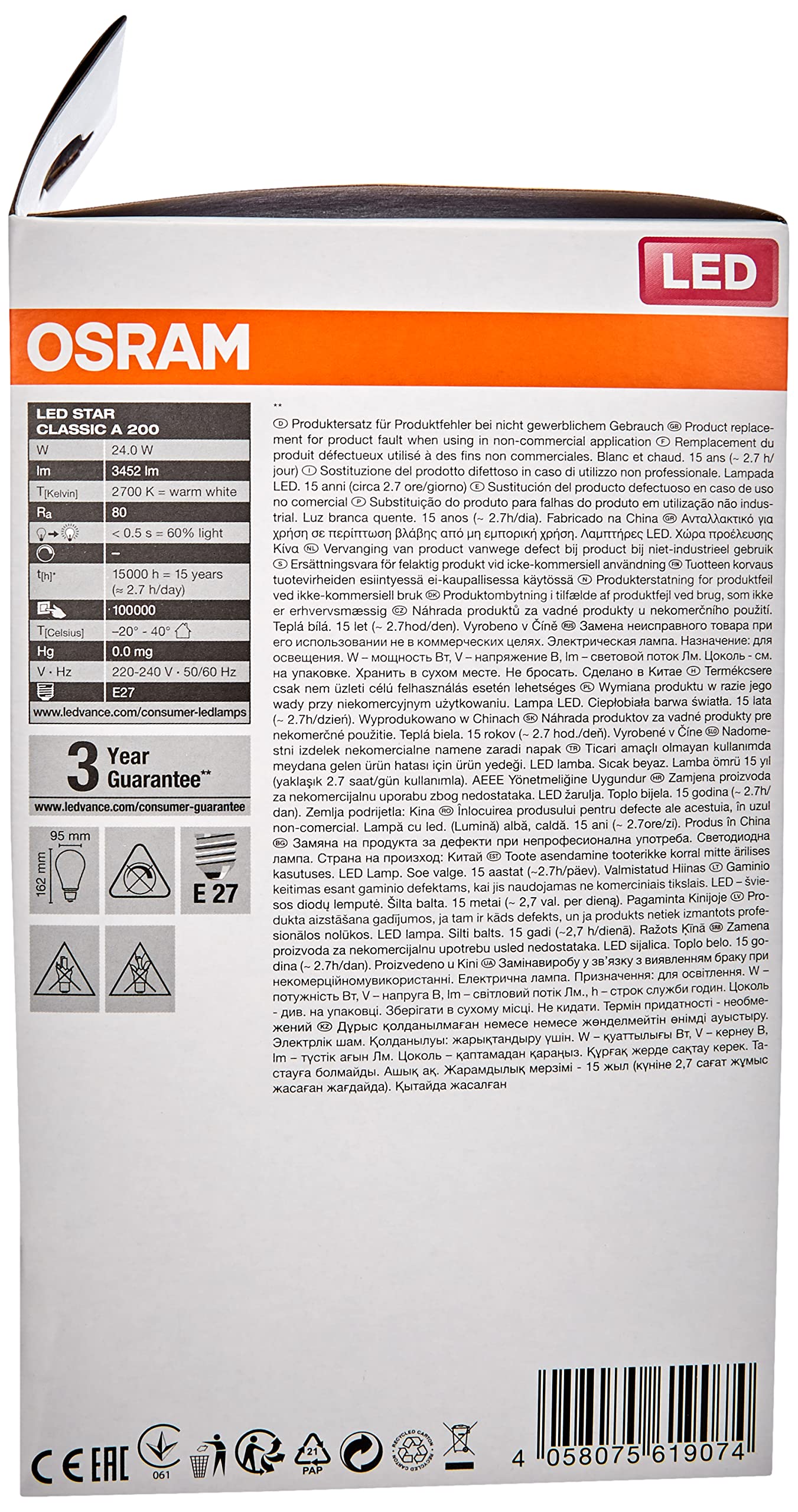 Osram LED Star Classic A200, matte Filament LED-Lampe in Birnenform, E27 Sockel, Warmweiß (2700K), 3452 Lumen, Ersatz für herkömmliche 200W-Glühbirnen, 4er-Pack