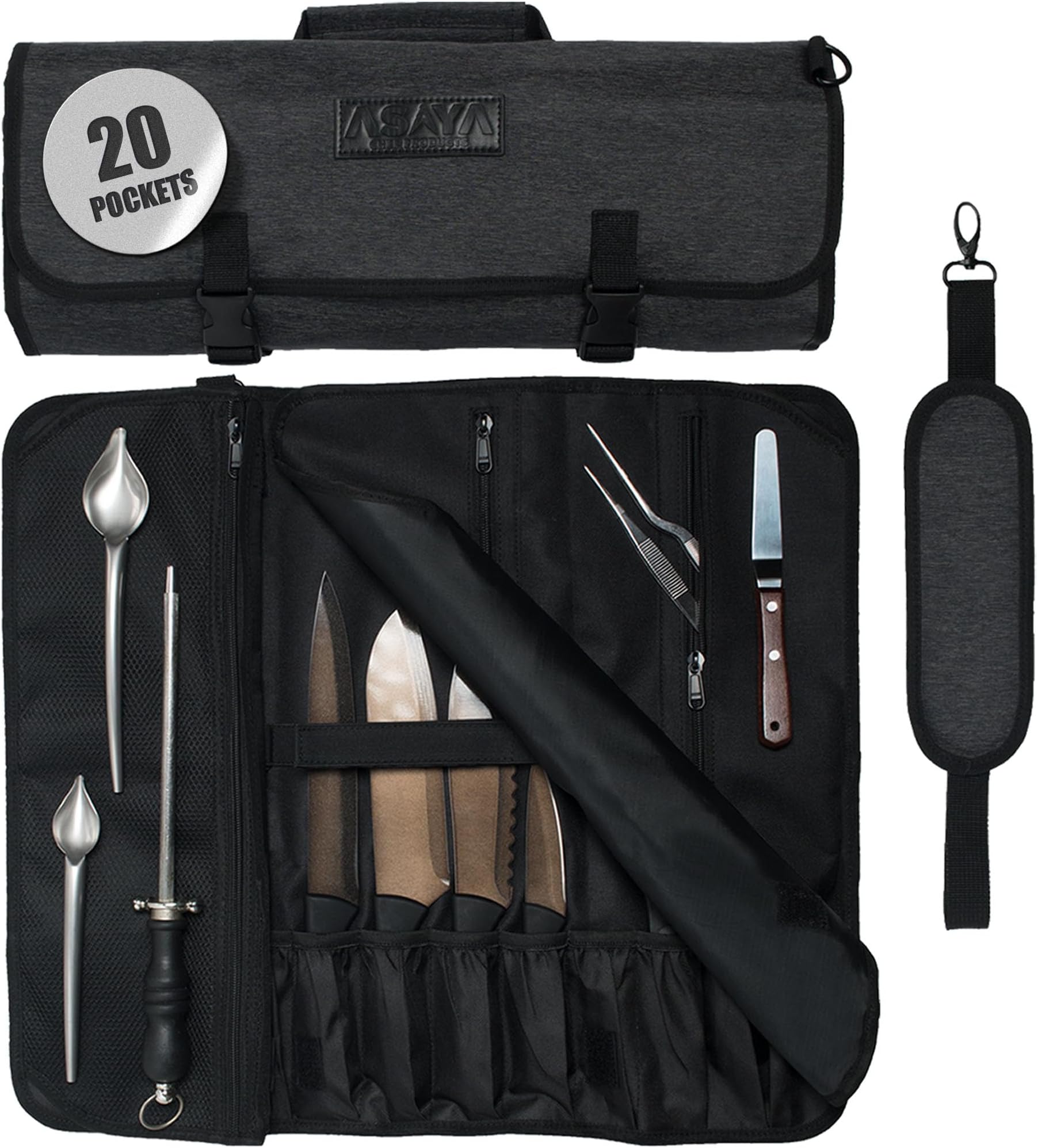 Asaya Chef Knife Roll Bag - 20 Total Pockets for Knives and Kitchen Utensils - Made with Stain Resistant Waxed Nylon - For Chefs and Culinary Students - Knives Not Included(Black)