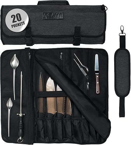 Miniatura 9 de Asaya Bolsa enrollable para cuchillos de chef, 20 bolsillos en total para cuchillos y utensilios de cocina, fabricada con nailon encerado resistente