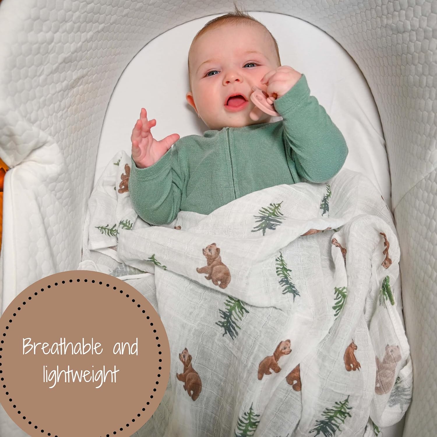 Baby Bear and Pine Tree Cotton Muslin Swaddle Blanket, 47" x 47"