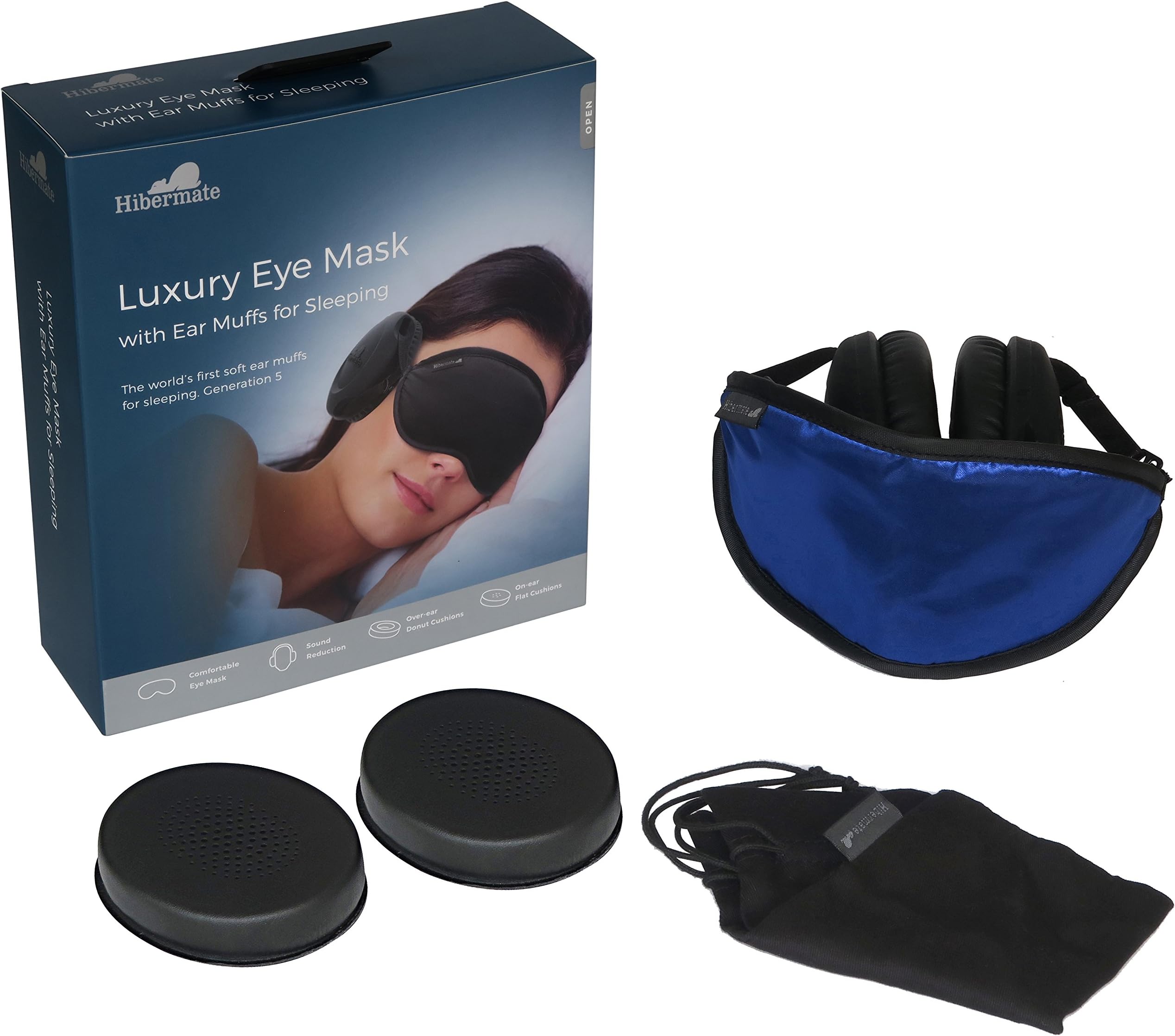 New Generation 6. Hibermate Sleep Mask with Ear Muffs for Sleeping. Soft & Luxurious Mask, Satin Exterior, Removable Ear Cups Reduce Noise by Approx 15-20db Nrr. (Gen 6 Dark Navy)