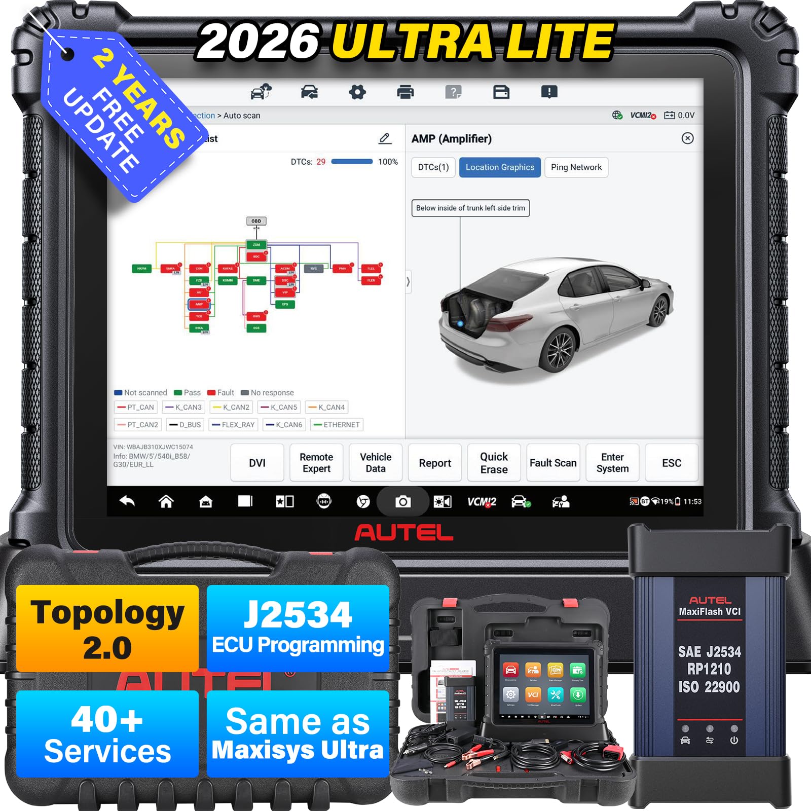 MaxiCOM Ultra Lite Intelligent Scanner: 2 Years Free Update, 2026 Ultra Lite Up of Elite II Pro MS909 MS919, Same as MaxiSys Ultra, Motor TruSpeed Repair, Topology 2.0, 40+ Services, DOIP CANFD