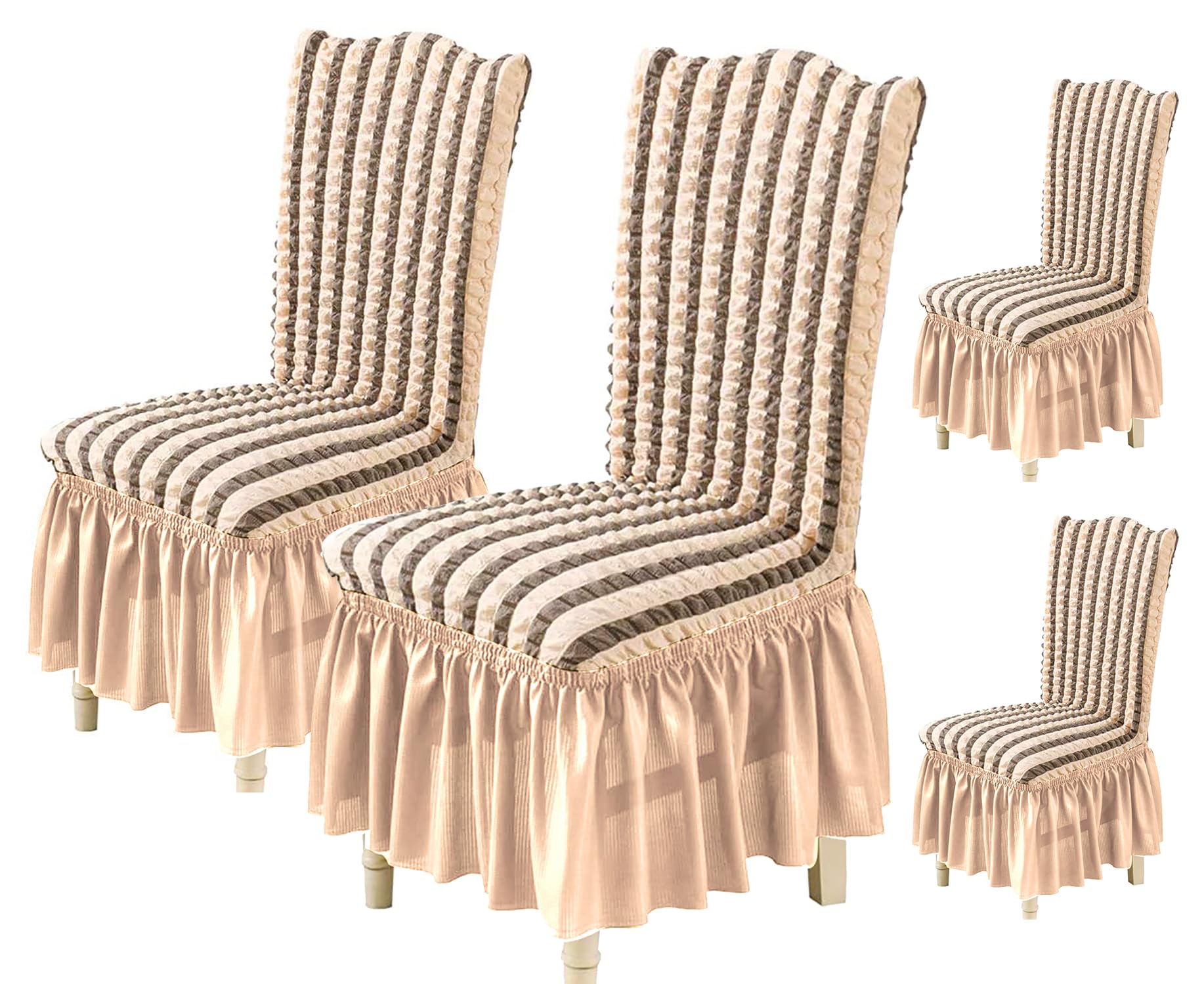 House of Quirk Polyester Turkish Bubble Frill Chair Cover Stretch Removable Washable Short Dining Chair Cover Protector Seat Slipcover (Beige Stripe, Pack Of 4)-image-12