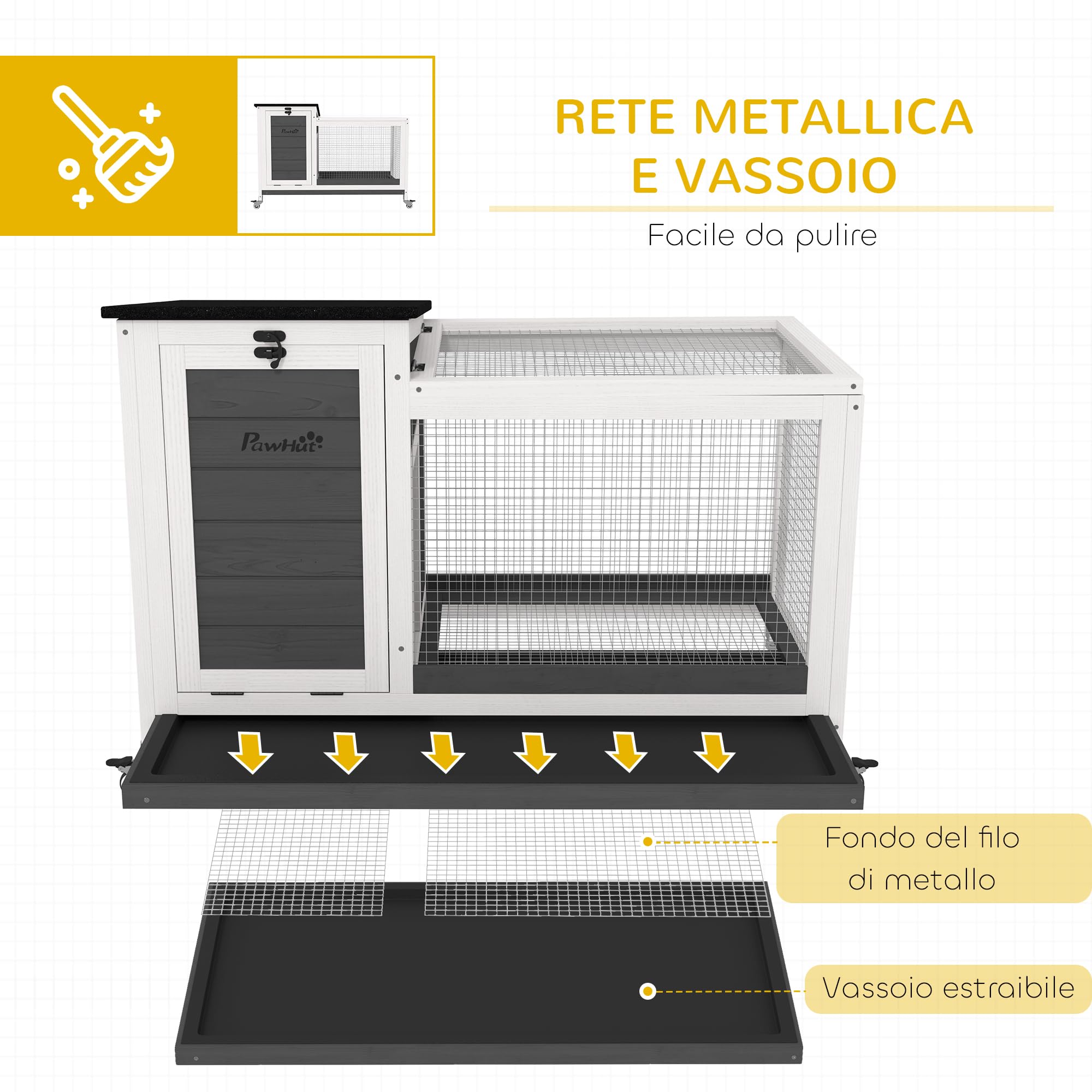 PawHut Conigliera da Esterno e Interno a Rotelle per 1-2 Conigli con Vassoio Estraibile e Ingressi Multipli, Casetta per Conigli in Legno di Abete e Acciaio, 91x51x66 cm, Grigio Bianco e Nero
