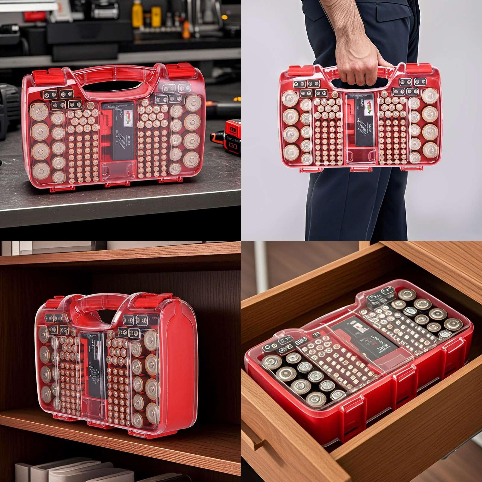 Boîte de rangement pour 180 piles AA, AAA, C, D, 9 V, rouge