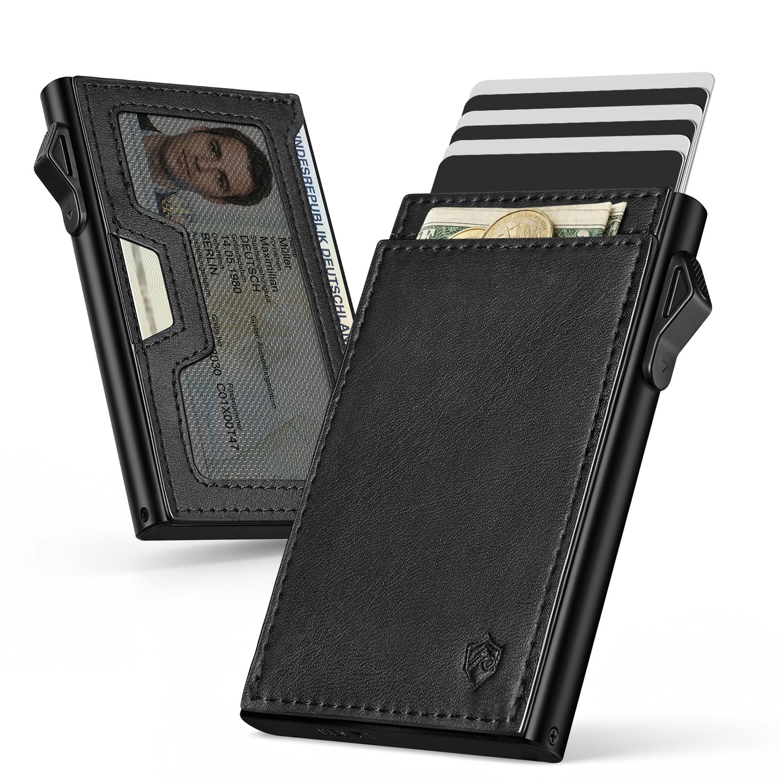 YESIIW Bauhaus Slim Wallet for Men | RFID NFC Blocking Automatic Ejector | Pop-Up Card Holder Premium Leather Front Pocket Minimalist Mens Wallet Holds 7 Cards + ID + Cash | Gift for Men Black