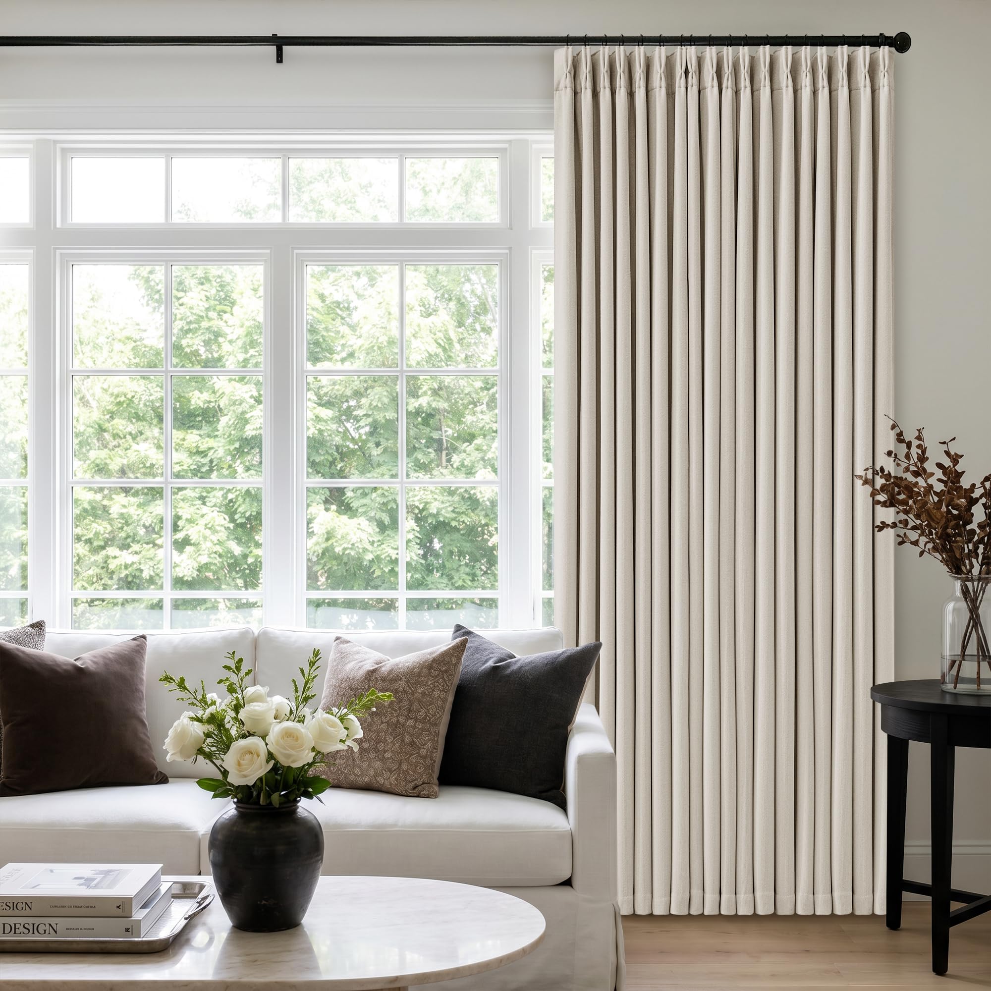 60 Inch Wide Pinch Pleated 100% Blackout Curtains 102 Inches Long, Natural
