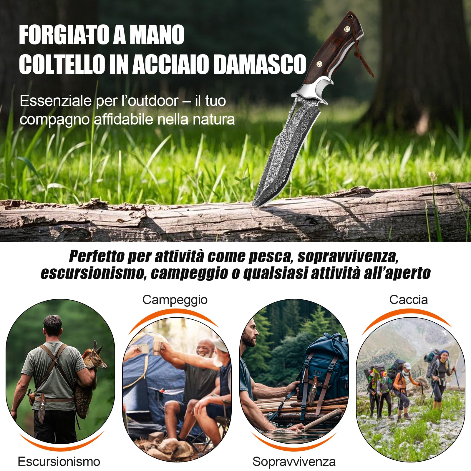 Coltello Outdoor in Acciaio Damasco 26,4 cm con Fodero, Lama Fissa Artigianale VG10, Manico in Legno, per Camping, Bushcraft e Attività all’Aperto