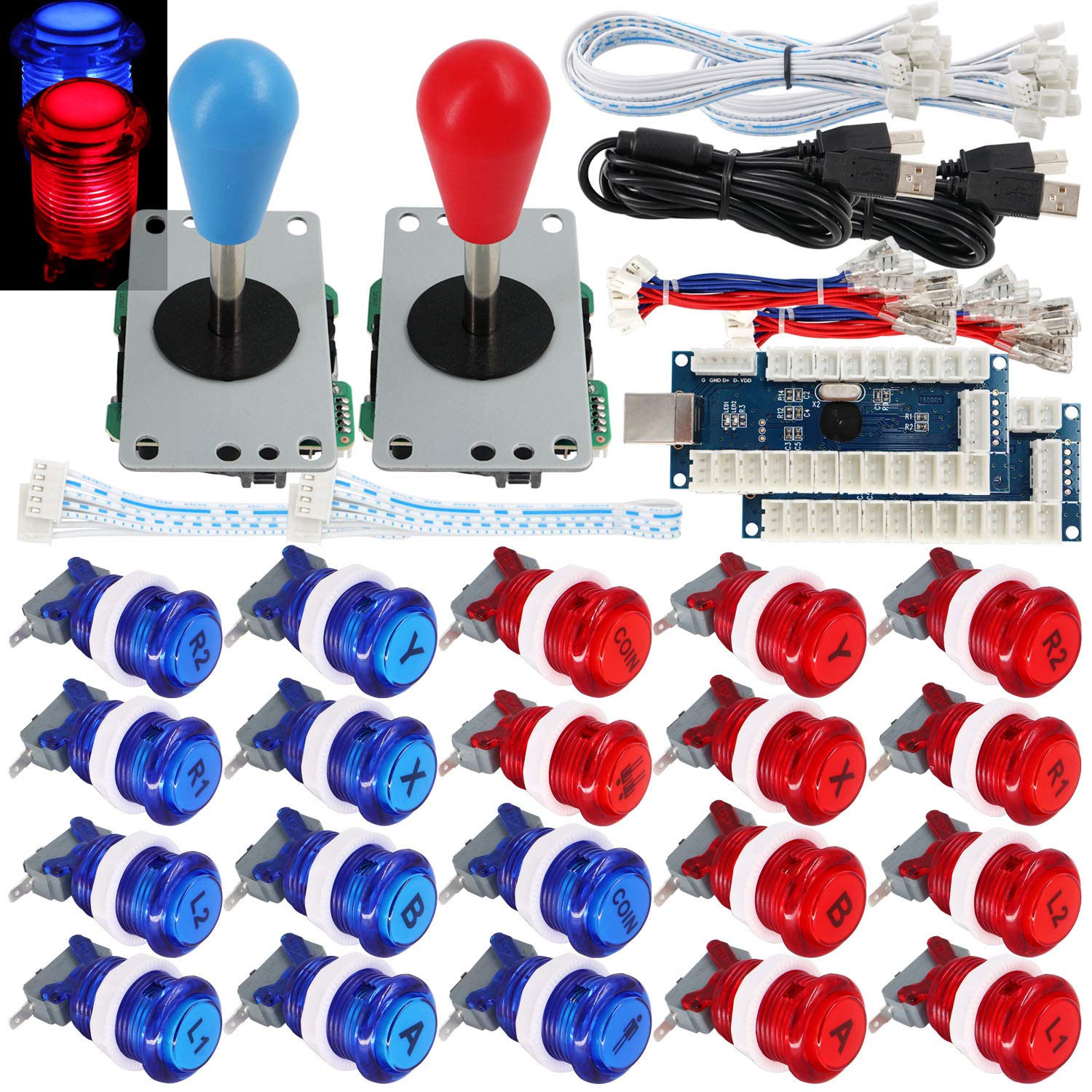 SJ@JX 2 Player Arcade Game Stick DIY Kit Buttons with Logo LED 8 Way Joystick USB Encoder Cable Controller for PC MAME Raspberry Pi Red Blue