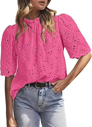 BETTE BOUTIK Womens Lace Tops 2025 Trendy Long Short Sleeve Eyelet Embroidered Dressy Casual Blouse Shirts