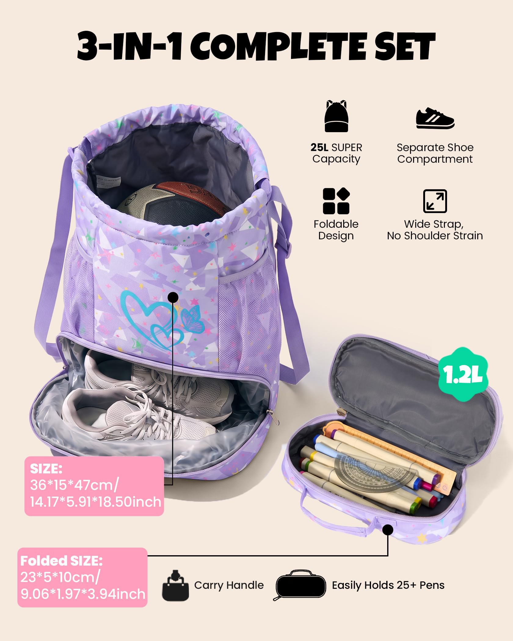 Amythe Set 3 Pezzi Zaino Ergonomico Ragazza CP-CM2, Cintura Rimovibile | Sacchetto a Cordoncino, Cartella con Divisori, Clip Pettorale, Bande Riflettenti, Antipioggia, Bambino 6-12 Anni