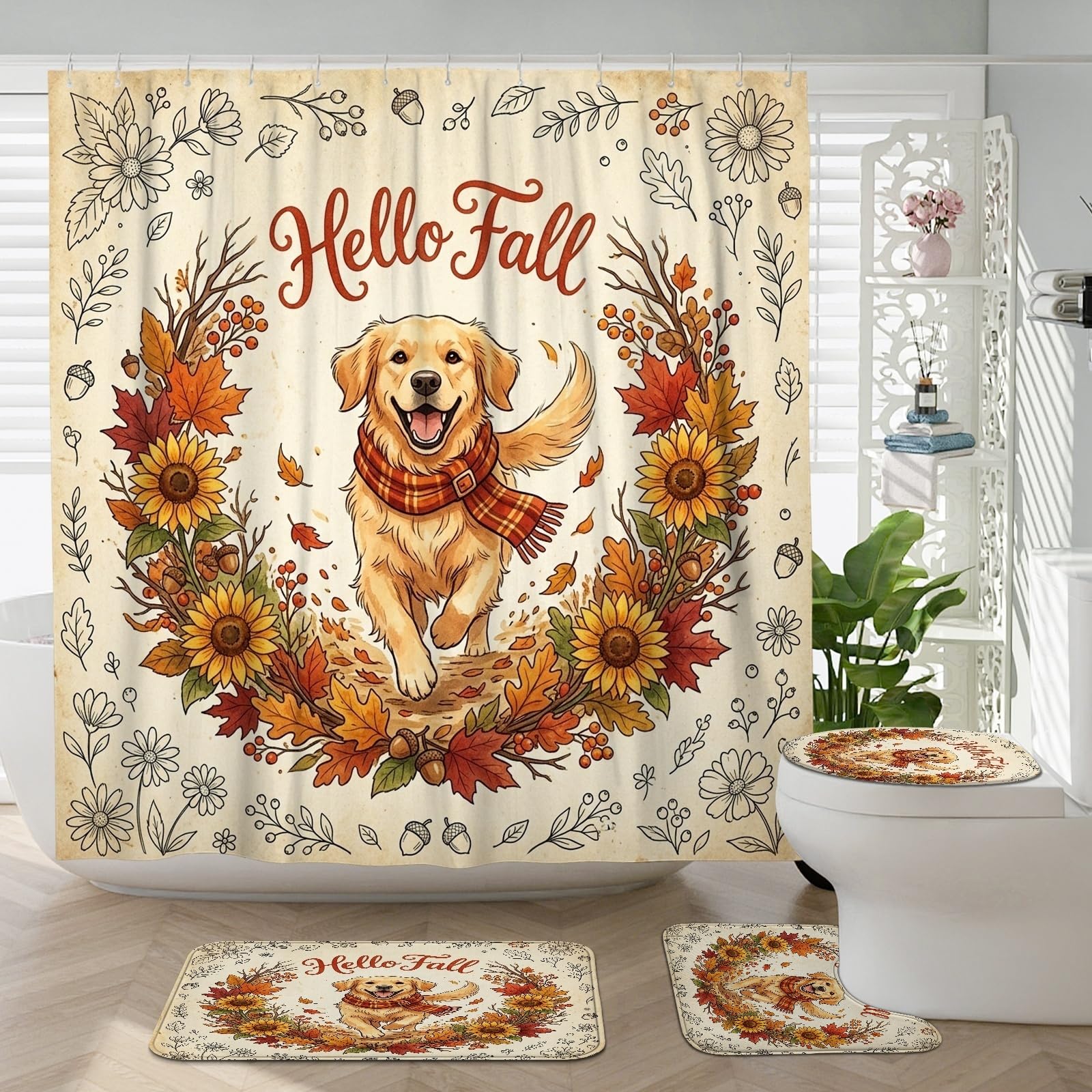 Accessoires salle de bain Golden Retriever avec 3 tapis vintage