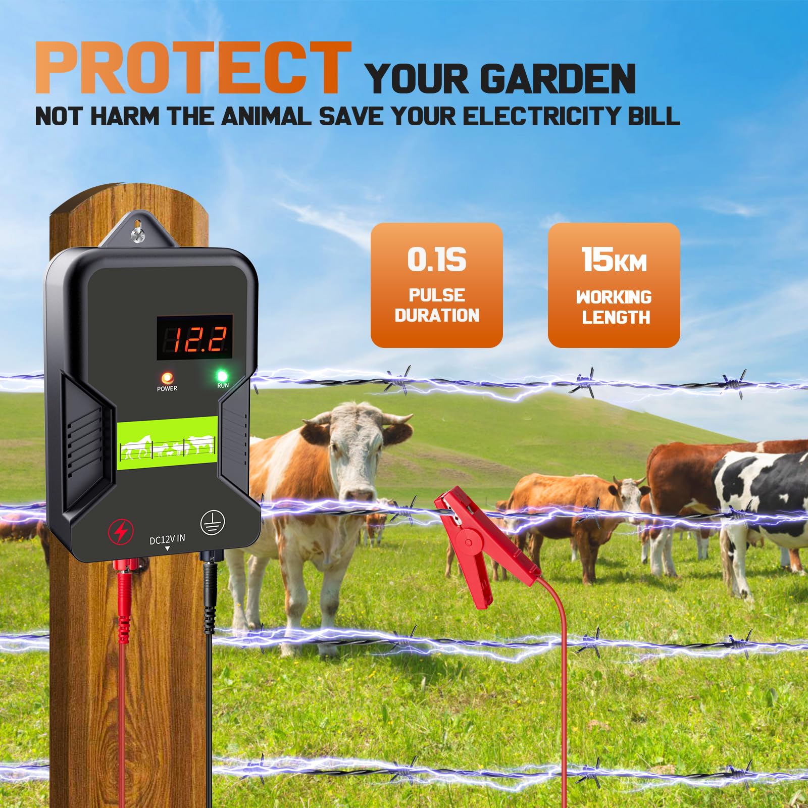 15KM pastor electrico, cerca eléctrica Controlador de pulso de alto voltaje seguro Granja de animales Cerca eléctrica Pastor Granja de animales Pastor eléctrico para vacas, ganado, caballos