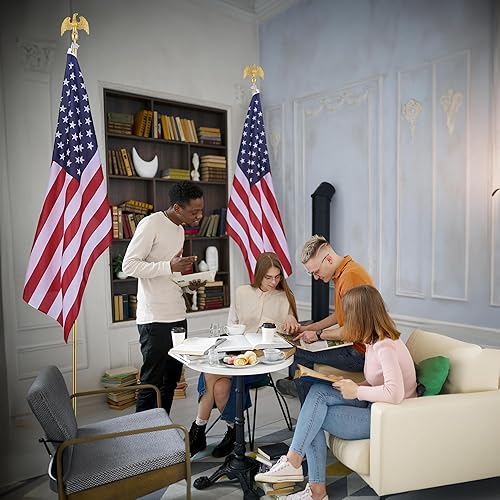 Vista 27 de Yeshom Paquete de 2 mástiles de bandera para interiores de 8 pies, decoración dorada de águila valiente, poste dorado de aluminio resistente