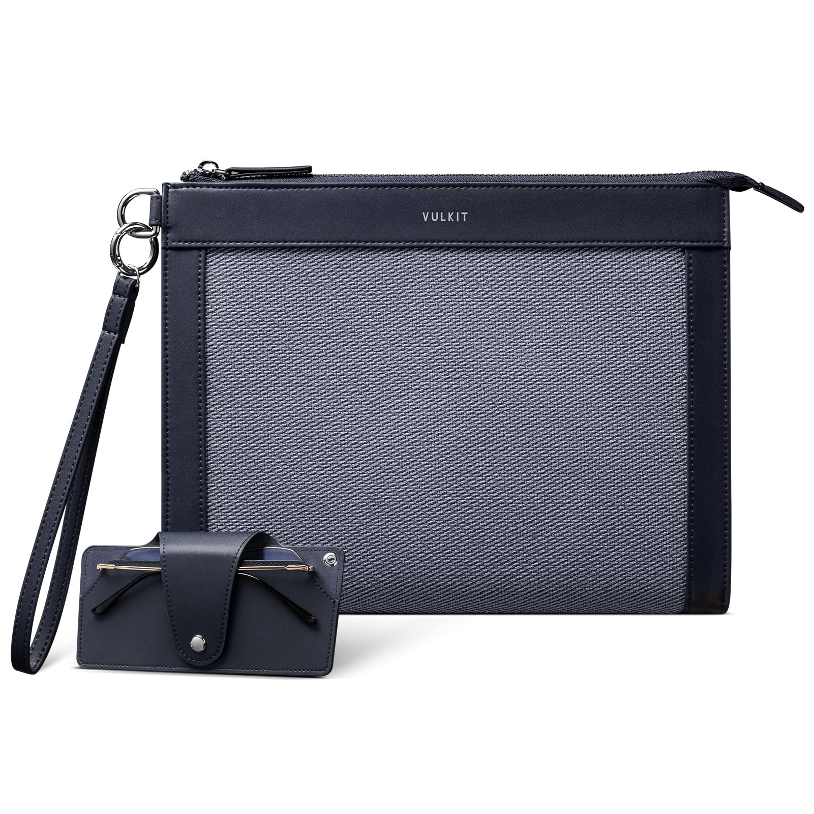VULKIT Bolso de mano para hombre, con funda extraíble para gafas, cartera grande con cremallera, bolso de negocios, azul marino, Medium