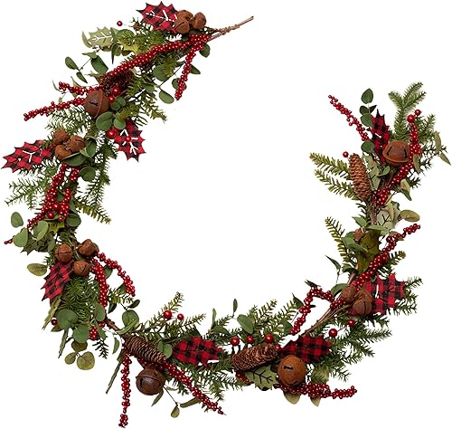 Miniatura 1 de Guirnalda de Navidad artificial de 5 pies, guirnalda de hojas de madera con búfalo negro y rojo, conos de pino, bayas rojas, decoraciones de Navidad