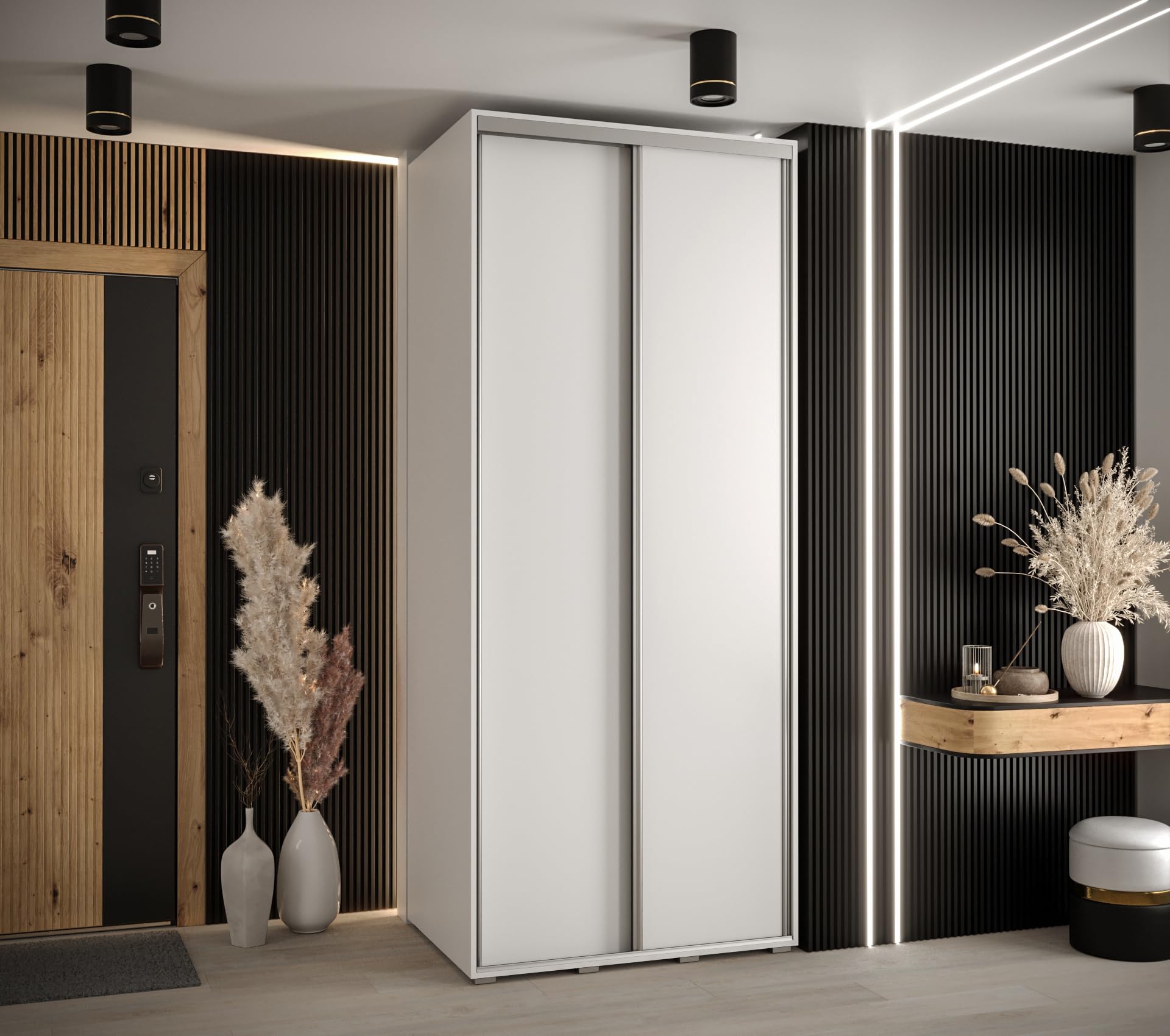ABIKSMEBLE Davos 1 110 Armario Correderas Doble para Dormitorio - Armario Moderno, Barra y Estantes - 235,2x110x60 cm Blanco Blanco Plateado