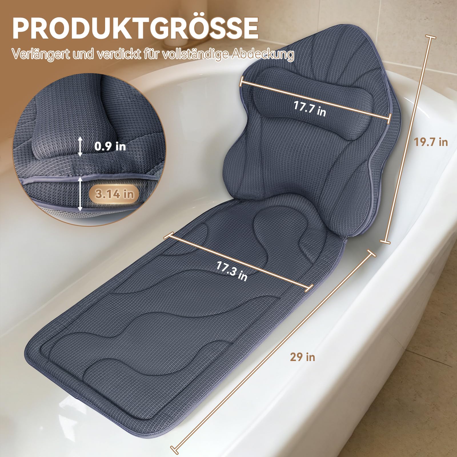 Poemland Luxus Dicke, volle Körper Badewannenkissen Mat & Cushion für Badewanne Kopfstütze Hals Schulter unterstützt Comfort Entspannung Spa Accessories Perfekt für Eintauchen in der Badewanne (Grau)