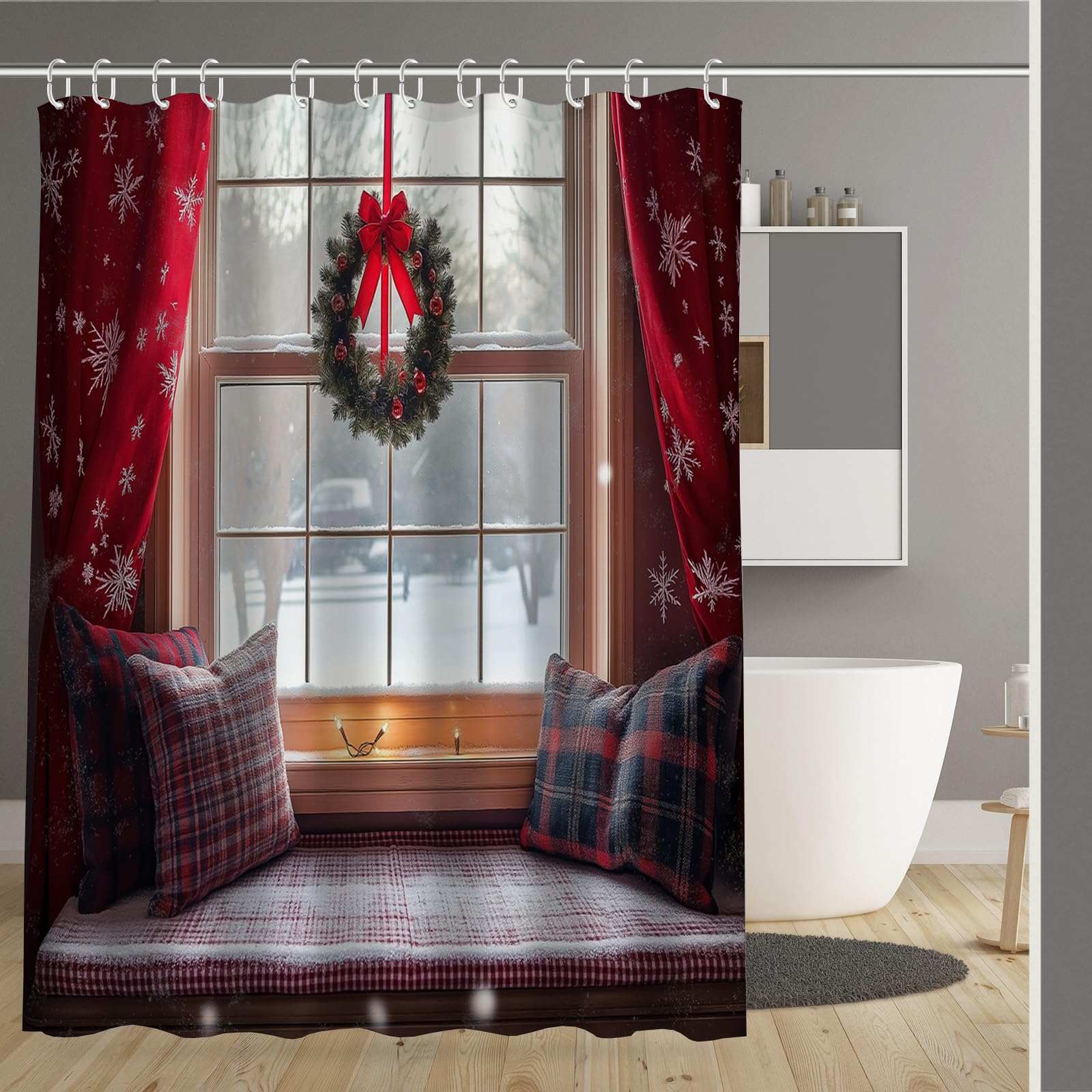Rideau de douche Noël 180x180cm imperméable avec fenêtre couronne pour salle de bain