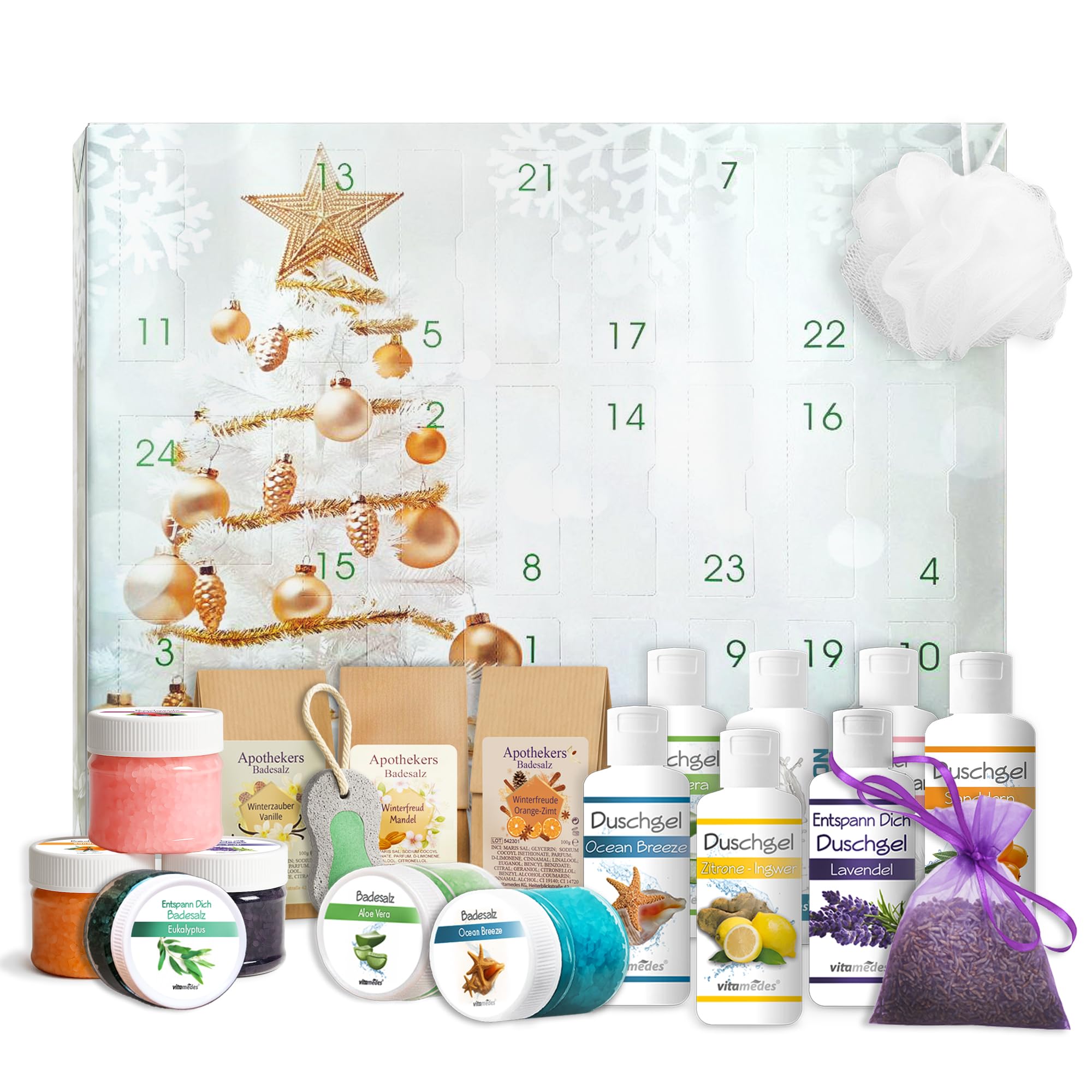 Apothekers Adventskalender XXL mit 24 Vollanwendungen unserer beliebten Apothekenprodukte, Wellness made in germany, besonderer Adventskalender für Frauen und Männer