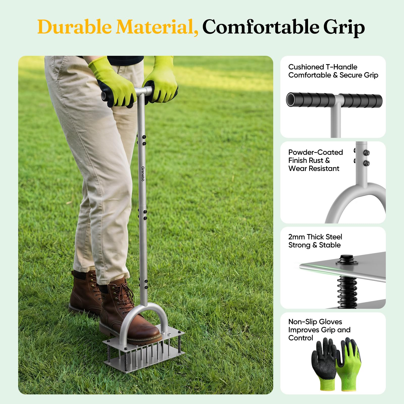 Grenebo Rasenbelüfter – Handbelüfter mit 16 Stacheln, Metall-Rasenbelüfter für den Garten, Rasenbelüftung, automatischer Bodenauswurf (schwarz-grau)