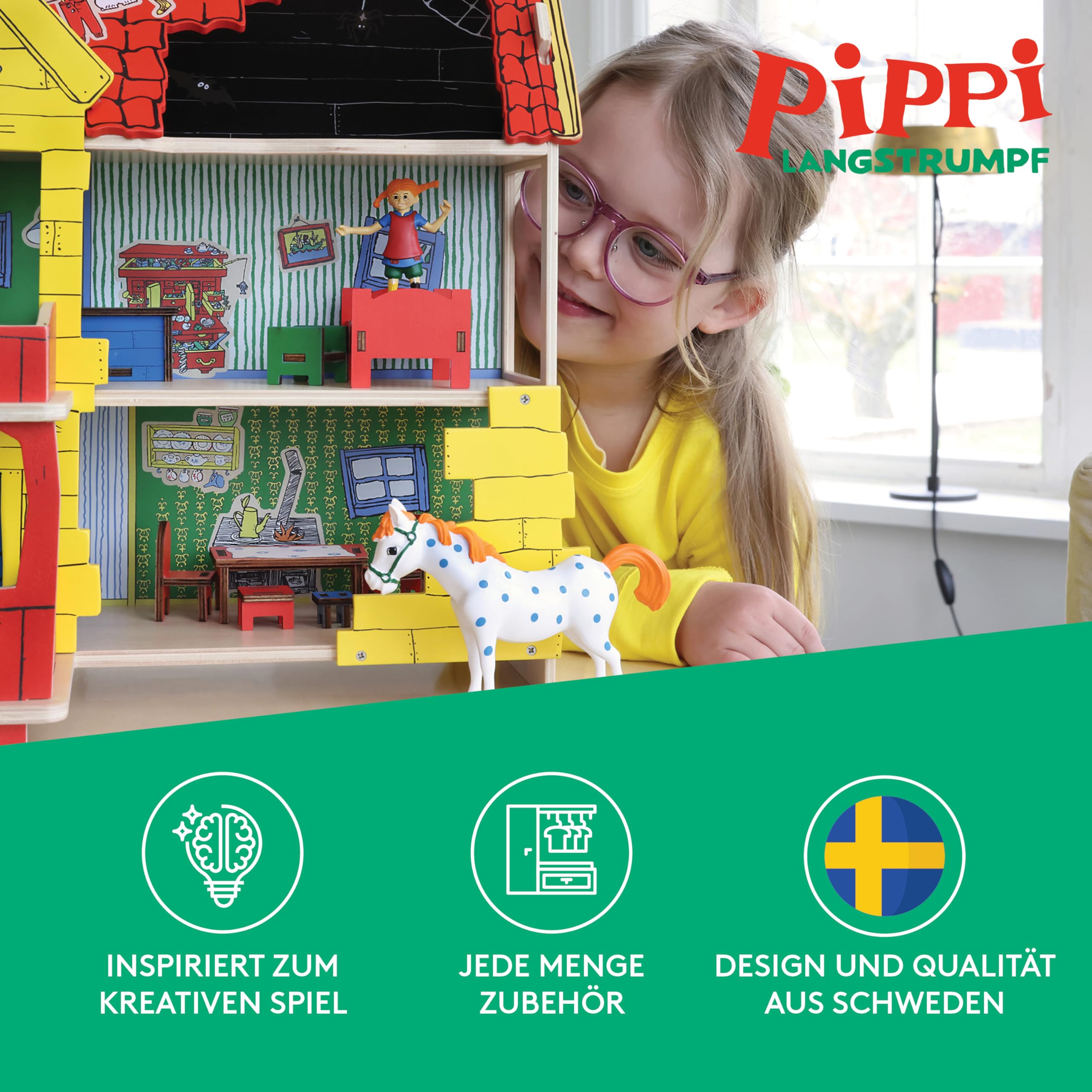 Pippi Langstrumpf Puppenhaus Bausatz aus Holz – 2-stöckiges Miniatur Haus – Spielzeug für Mädchen und Jungen ab 4 Jahre – schöner & hochwertiger Dollhouse Bausatz (Villa Kunterbunt)