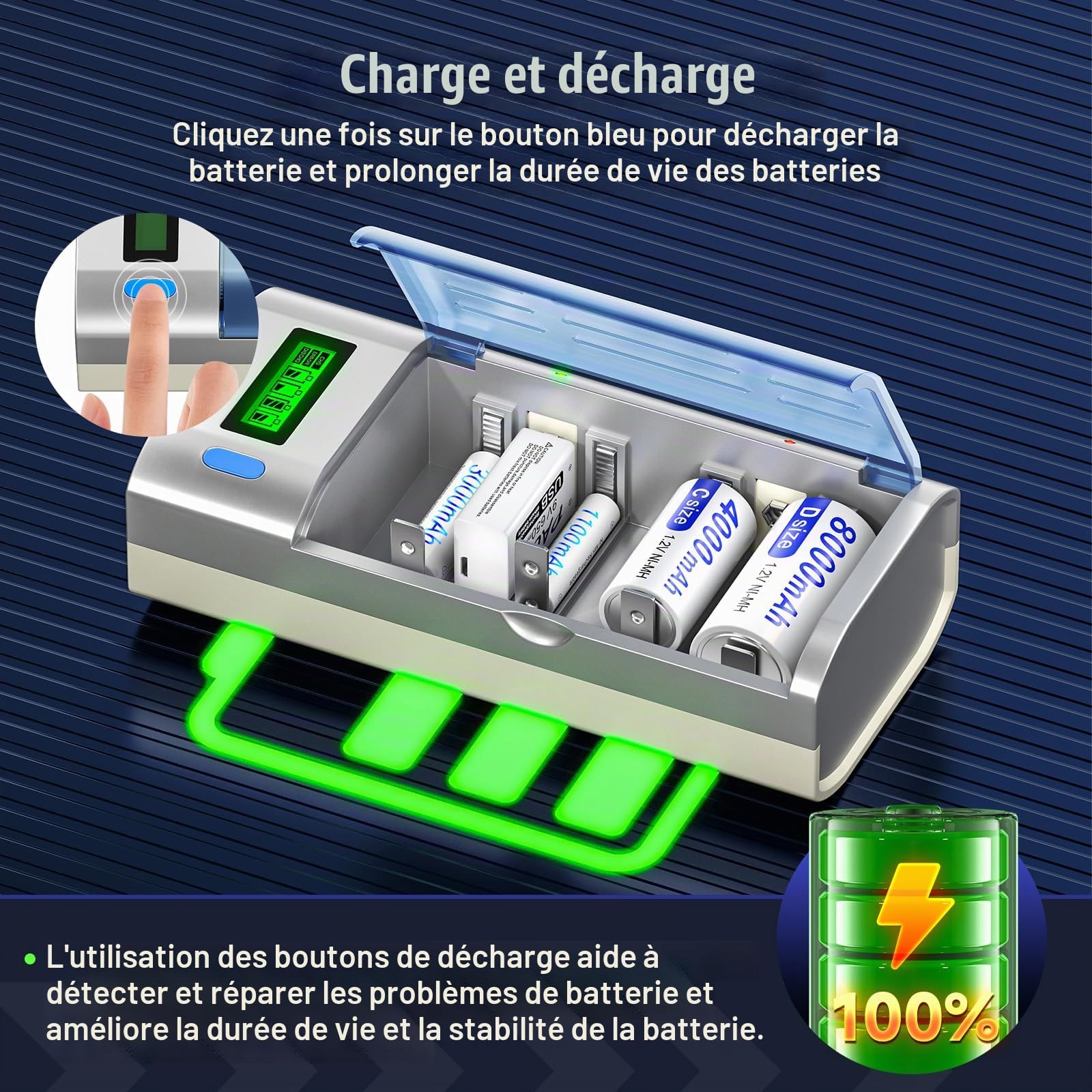 Batterie Baby C Rechargeable avec Chargeur de Batterie Universel, 6 pièces 4000mAh, Piles C Rechargeables avec Chargeur de Batterie LCD pour Batteries AA/AAA/C/D NI-MH (Charger+6C/LR14)