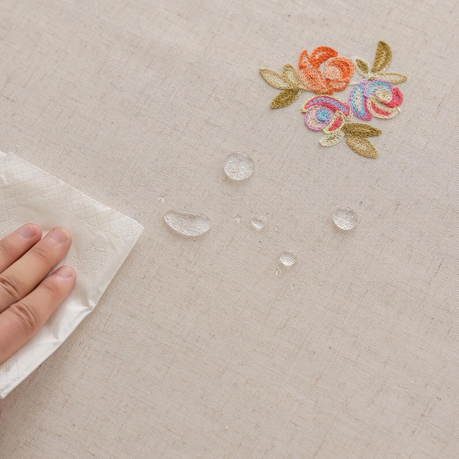 Cream Linen Tablecloth Rectangle 60 x 84 Inch Colorful Floral Pattern Embroidered Table Cloth with Tassel Heavy Duty Neutral Vintage Farmhouse Thick Faux Burlap Table Cover for Dining Party Holiday