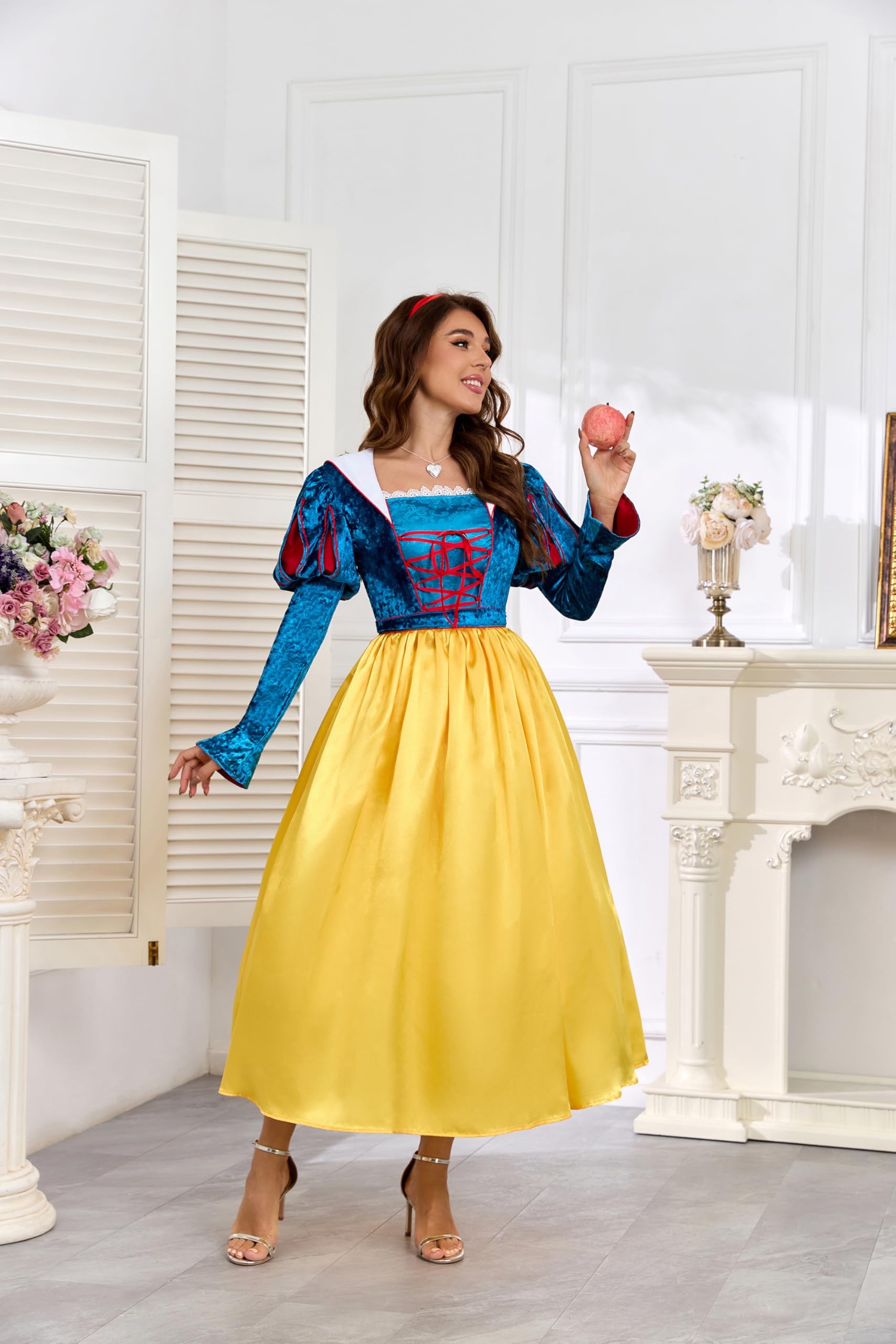Disfraz de cuento de hadas para mujer, disfraz de Blancanieves con lazo rojo, diadema, capa, Halloween, carnaval, princesa
