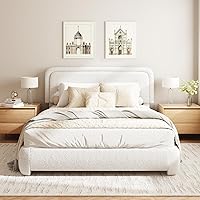 Vista 22 de Base de cama Boucle de tamaño Queen, plataforma tapizada con cabecera ajustable en altura y esquinas redondeadas suaves, sin ruido, fácil montaje