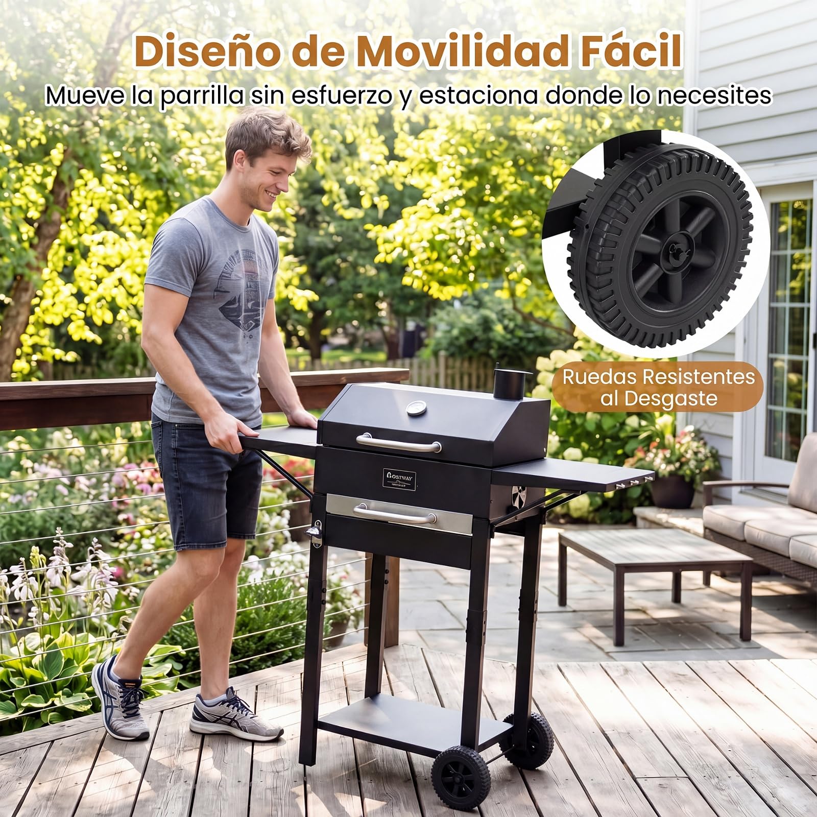 COSTWAY Barbacoa Carbón y Leña XXL con Ruedas, Tapa, 110 x 43 x 105 cm | 2 Mesitas Laterales, 6 Ganchos, Doble Rejilla de Cocción, Abrebotellas y Termómetro, Carrito Grill Portátil para Camping, Pic