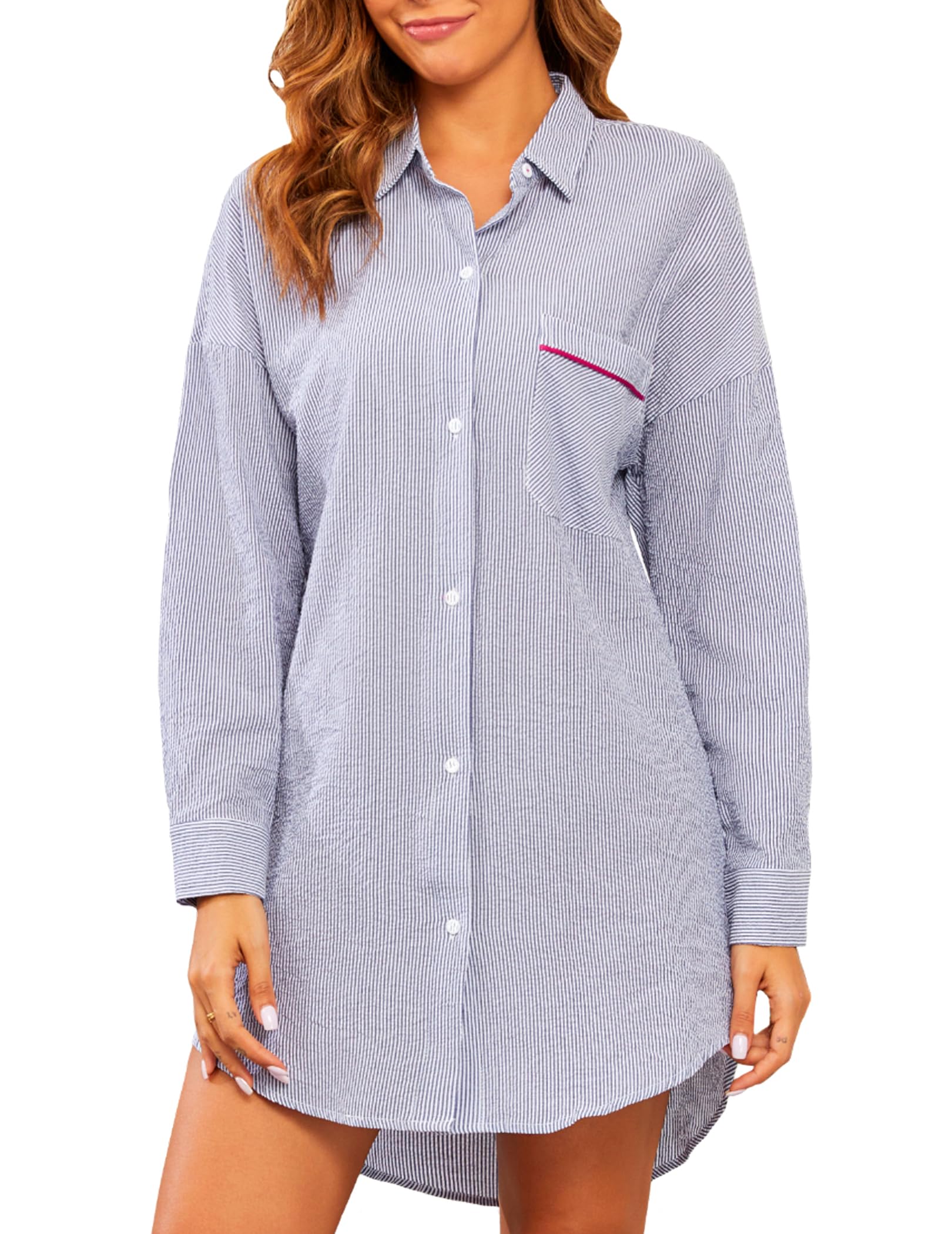 Viakeo Nightgowns For Women Button Down Nightshirt Striped Sleepwear Long Sleeve Oversized Pajama Dress S-3XL