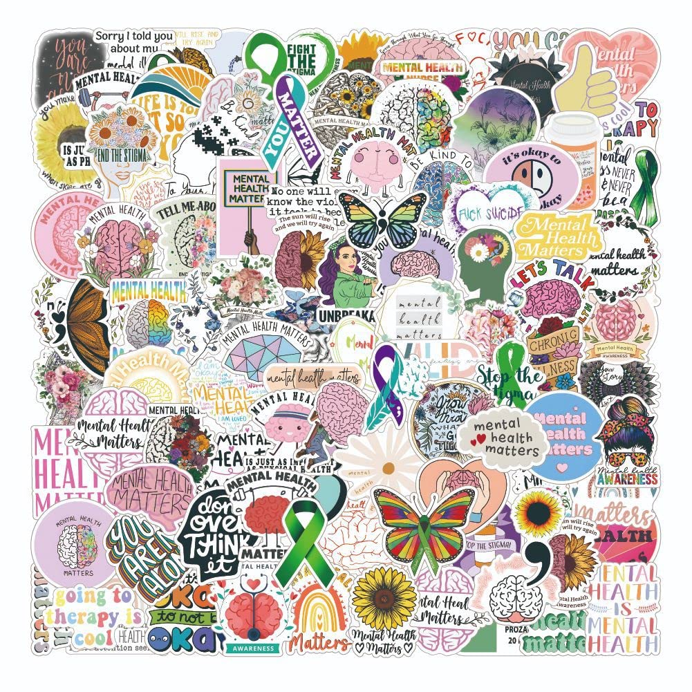 100pcs Mental Health Stickers Gifts for Adult Women Men Teens Kids, Stickers Pack for Watter Bottle,Scrapbook, Laptop, Phone, Guitar,Computer