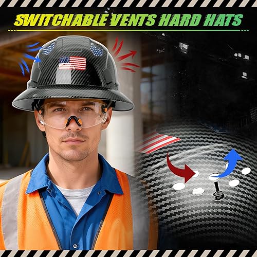 Miniatura 4 de Casco duro de ala completa con patrón de fibra de carbono con visera, casco de seguridad de construcción aprobado por la OSHA para hombres y
