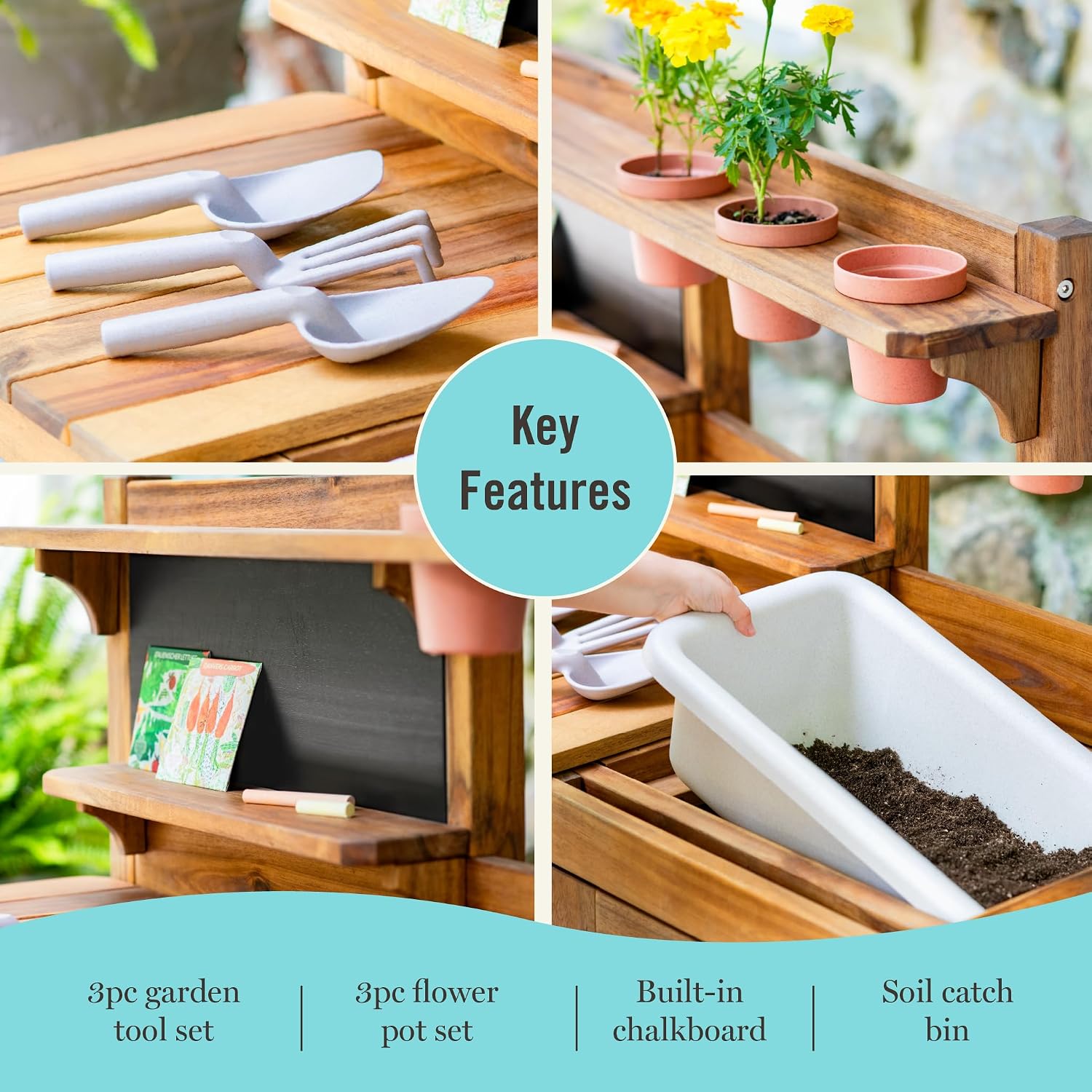 Martha Stewart Kids' Outdoor Potting Bench: Wooden Mud Kitchen Playset w/ Pots, Gardening Tools, Chalkboard, Removable Sink | Kids' Pretend Play Furniture, Sensory Mud Table w/ Storage for Backyard