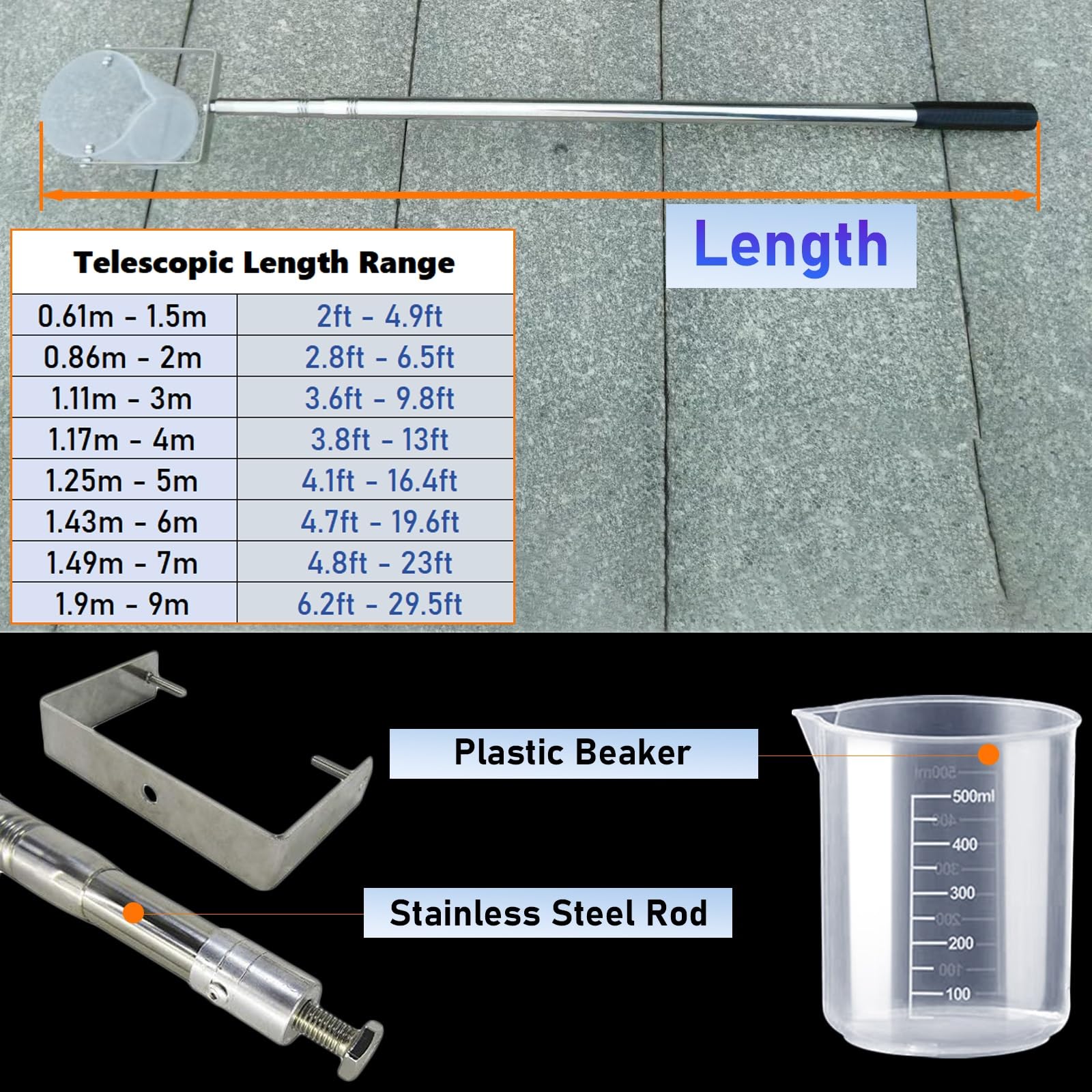 Campionatore d'acqua fisso con palo telescopico e becher in plastica, regolabile da 1,5 a 9 m, per campionamento in acque profonde