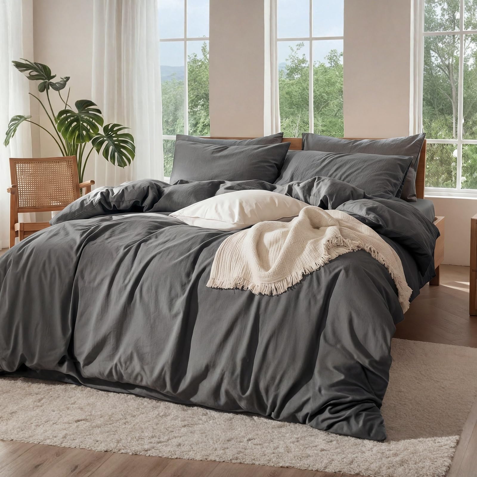 Pure Linen 100% Linen Sheet Set Queen Dark Grey