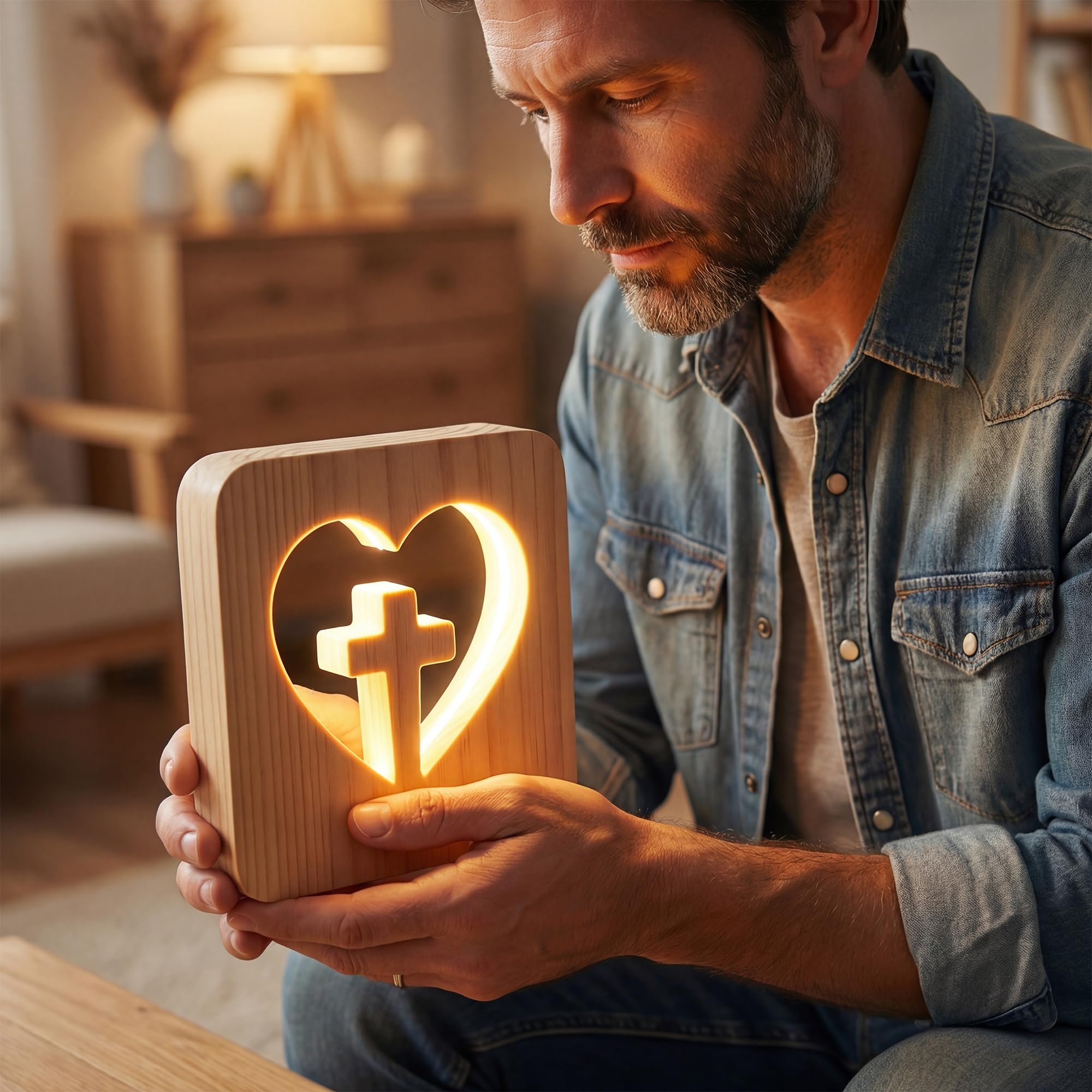 Lámpara de Mesa Cruz Madera – Luz de Noche Infantil Quitamiedos LED Cálida – Lámpara Cubo Cuadrada Decoración Religiosa Moderna – Regalo Original Primera Comunión Niña y Niño, Bautizo y Bebé