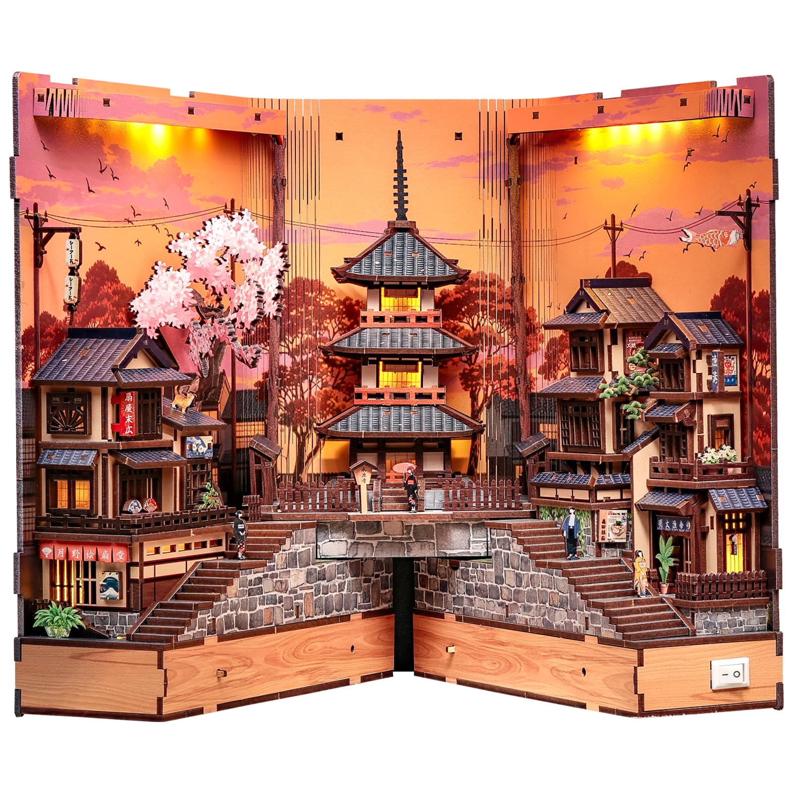 Cutefun Japanese Book Nook - Japan DIY Miniature Kit 3D Wooden Puzzles for Adults Bookshelf Diorama - Craft Gift for Women Puzzle Lovers (Twilight Sakura Path)