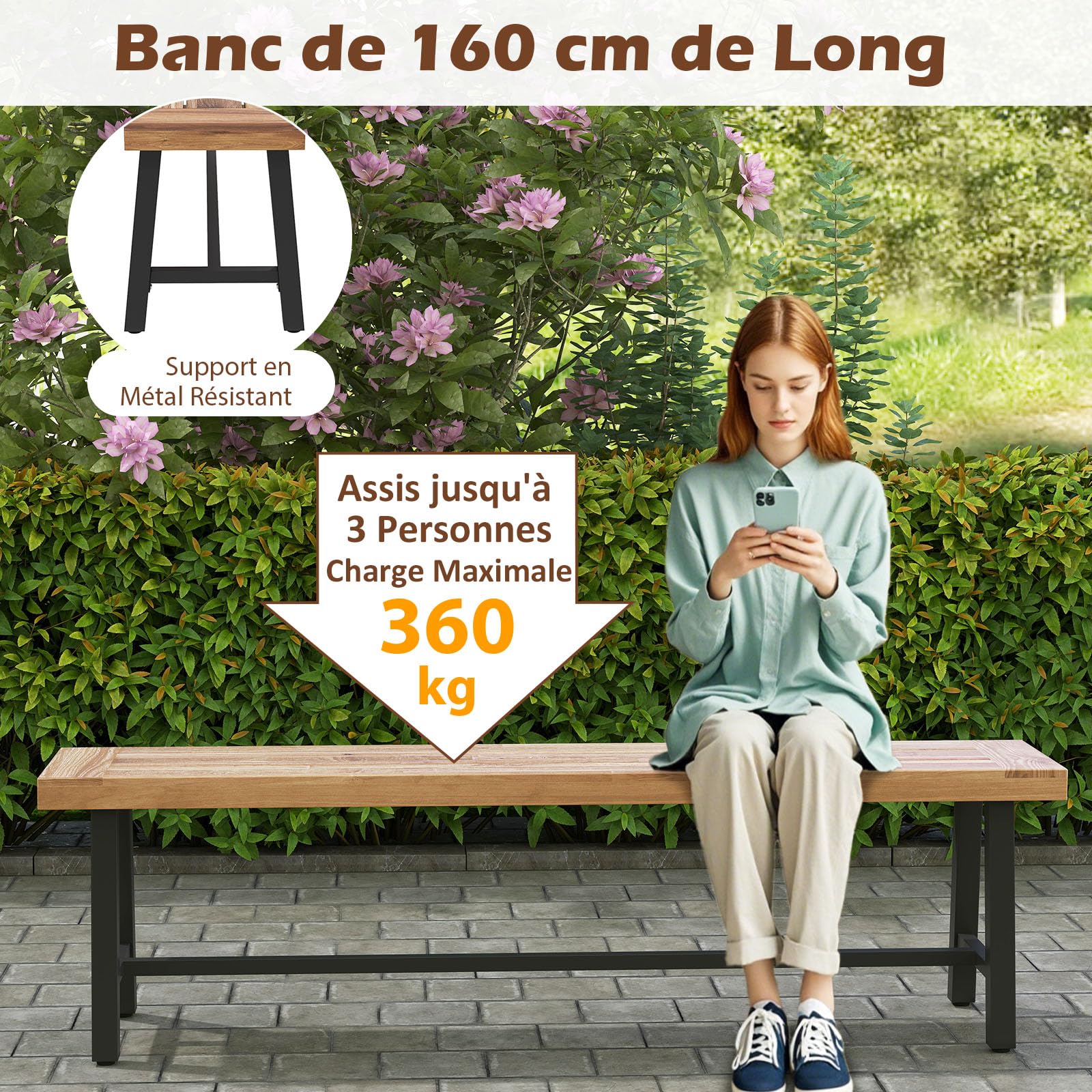 GOPLUS Banc de Terrasse de 160 cm, Banc de Salle à Manger Long en Bois d'Acacia, Siège d'Extérieur sans Dossier pour 3 Personnes, Capacité 360 KG, pour Porche, Cour, Jardin (160x32x45cm,2)